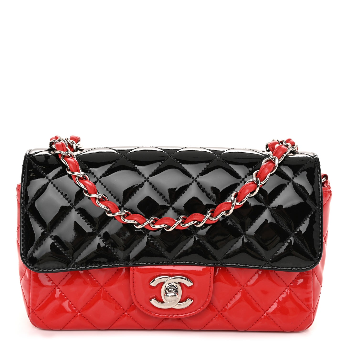 Patent Calfskin Quilted Bi-Color Mini Rectangular Flap Red Black