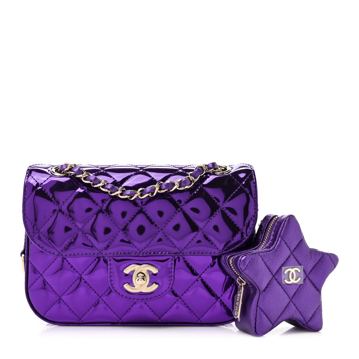 Chanel Mirror Calfskin Metallic Calfskin Quilted Hollywood Boulevard Mini Flap With Star Coin Purse Purple 3 of 13