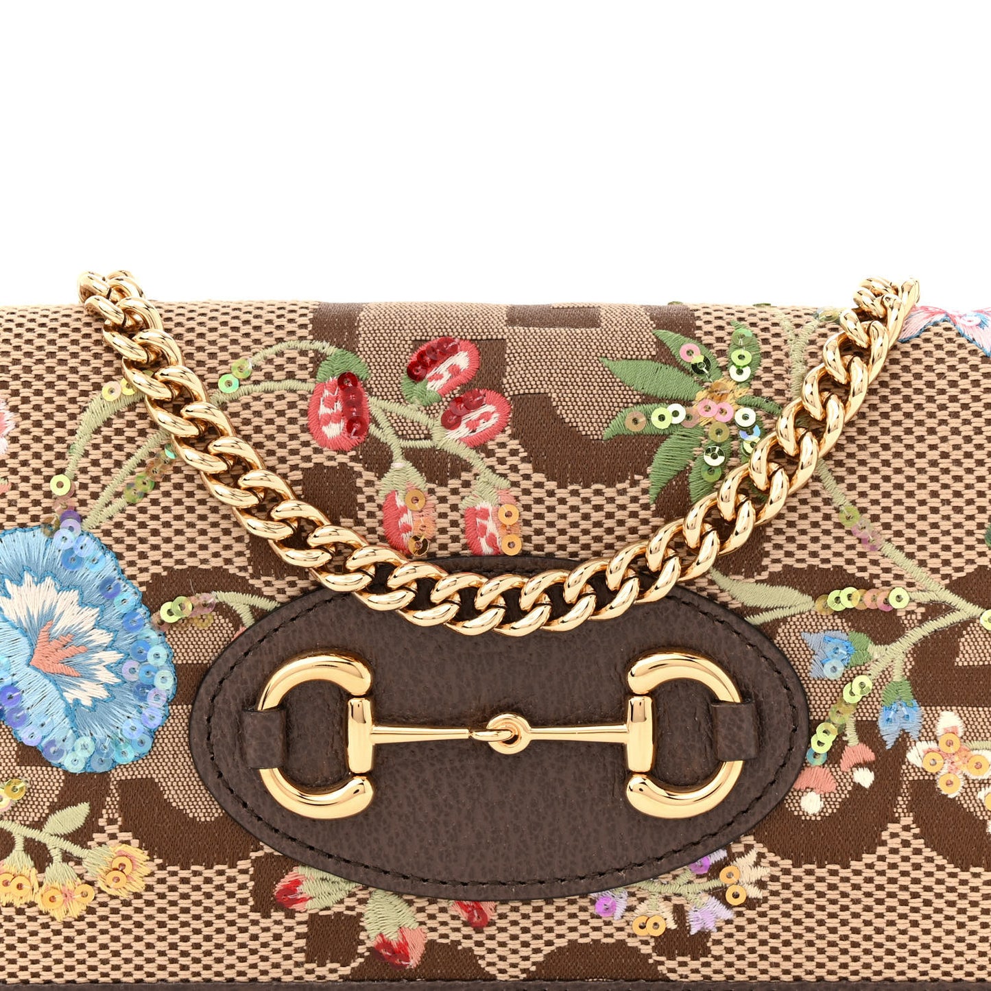 Monogram Jumbo GG Textured Dollar Calfskin Embroidered Horsebit 1955 Wallet On Chain Camel Ebony New Acero Multicolor
