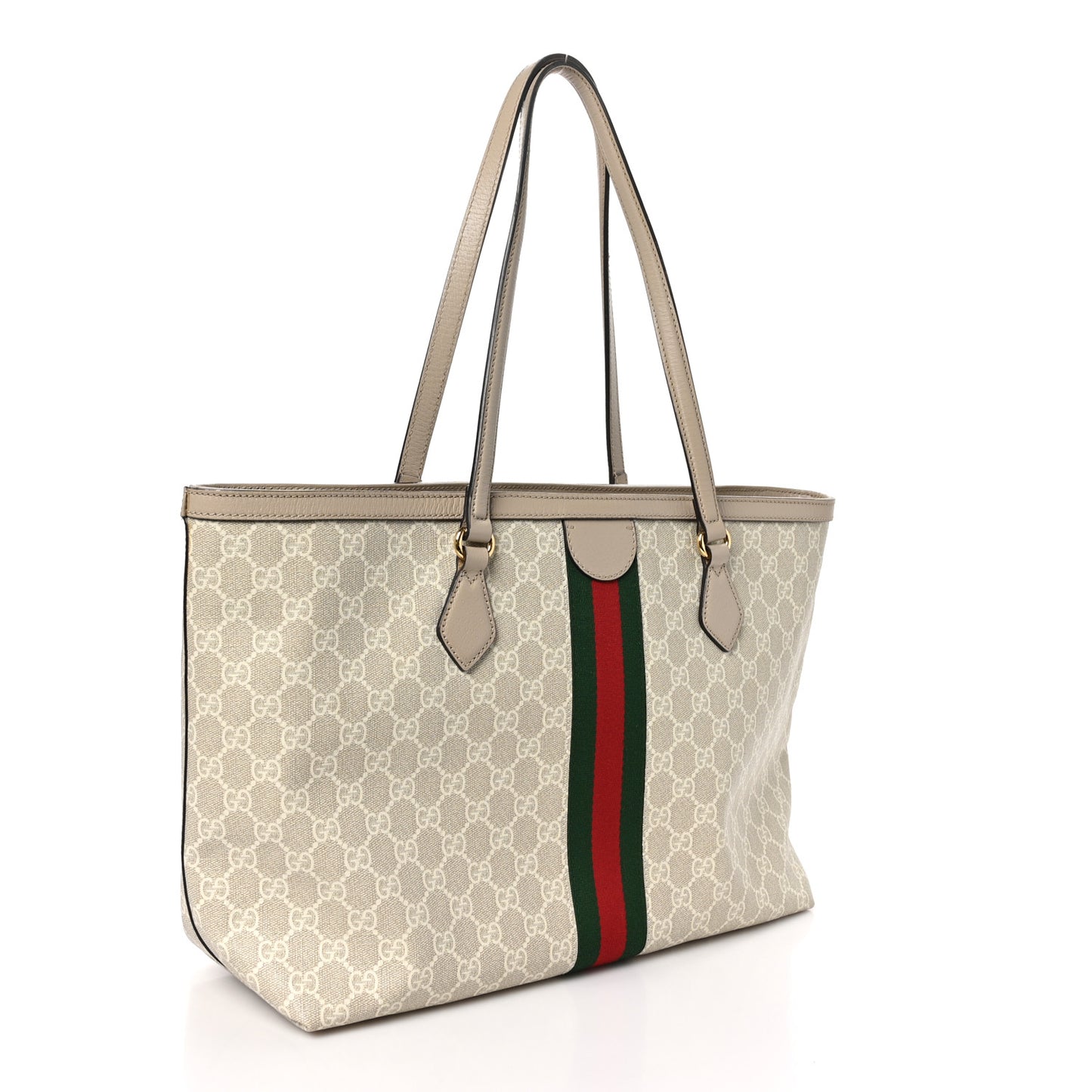 GG Supreme Monogram Textured Dollar Calfskin Web Medium Ophidia Shopping Tote Beige Mystic White Oatmeal