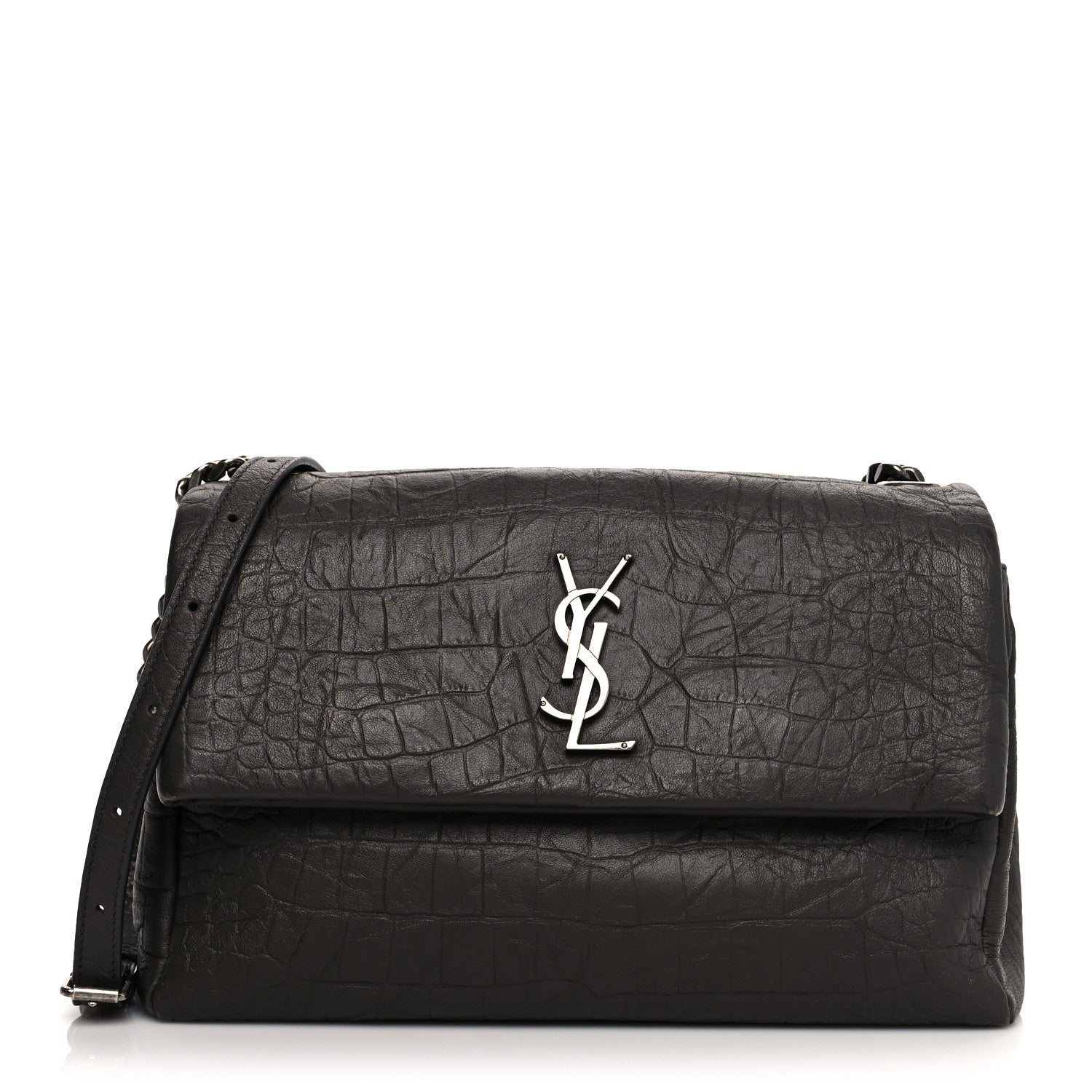 Saint Laurent Calfskin Crocodile Embossed Medium West Hollywood Monogram Fold-Over Grey 1 of 11
