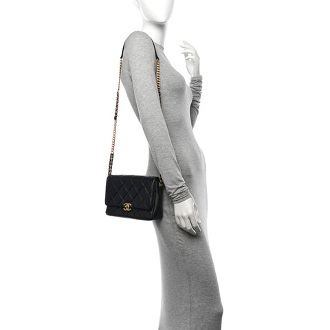 Shiny Caviar Quilted Small Chain Melody Flap Black