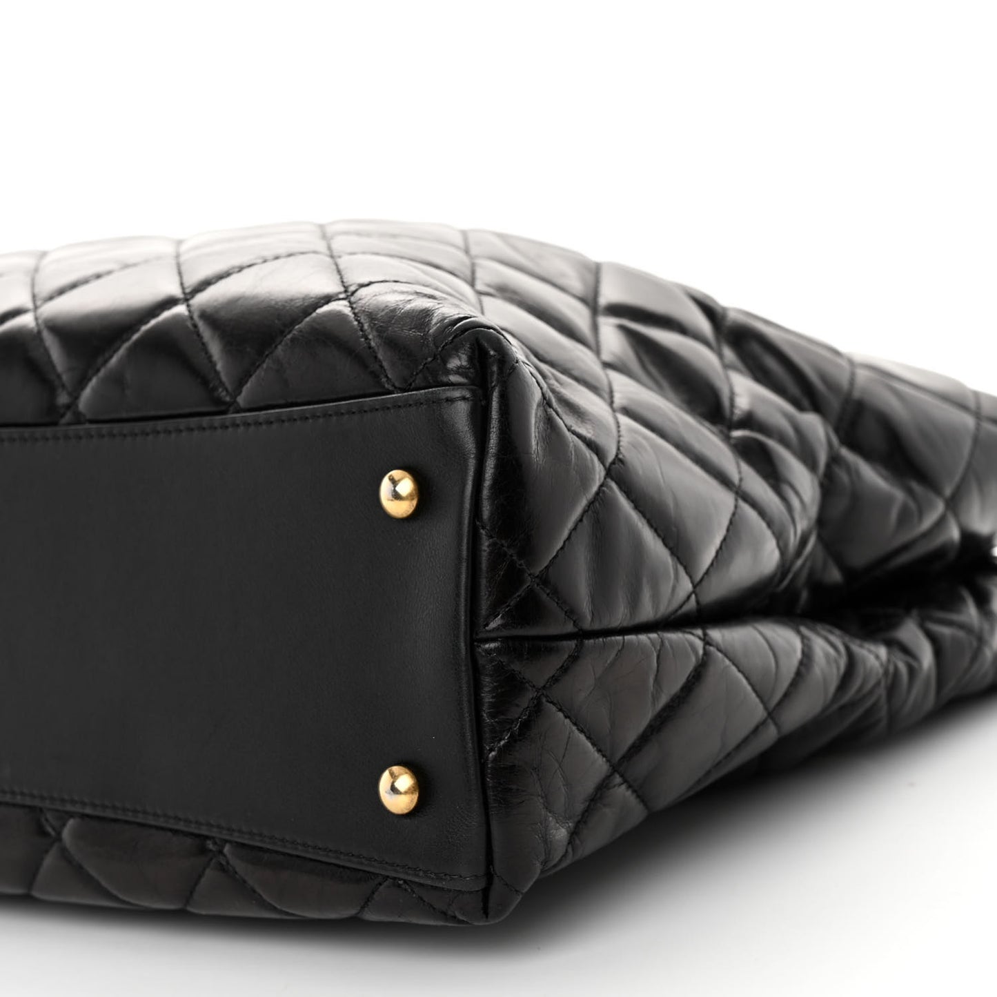 Glazed Calfskin Quilted Gold Bar Tote Black