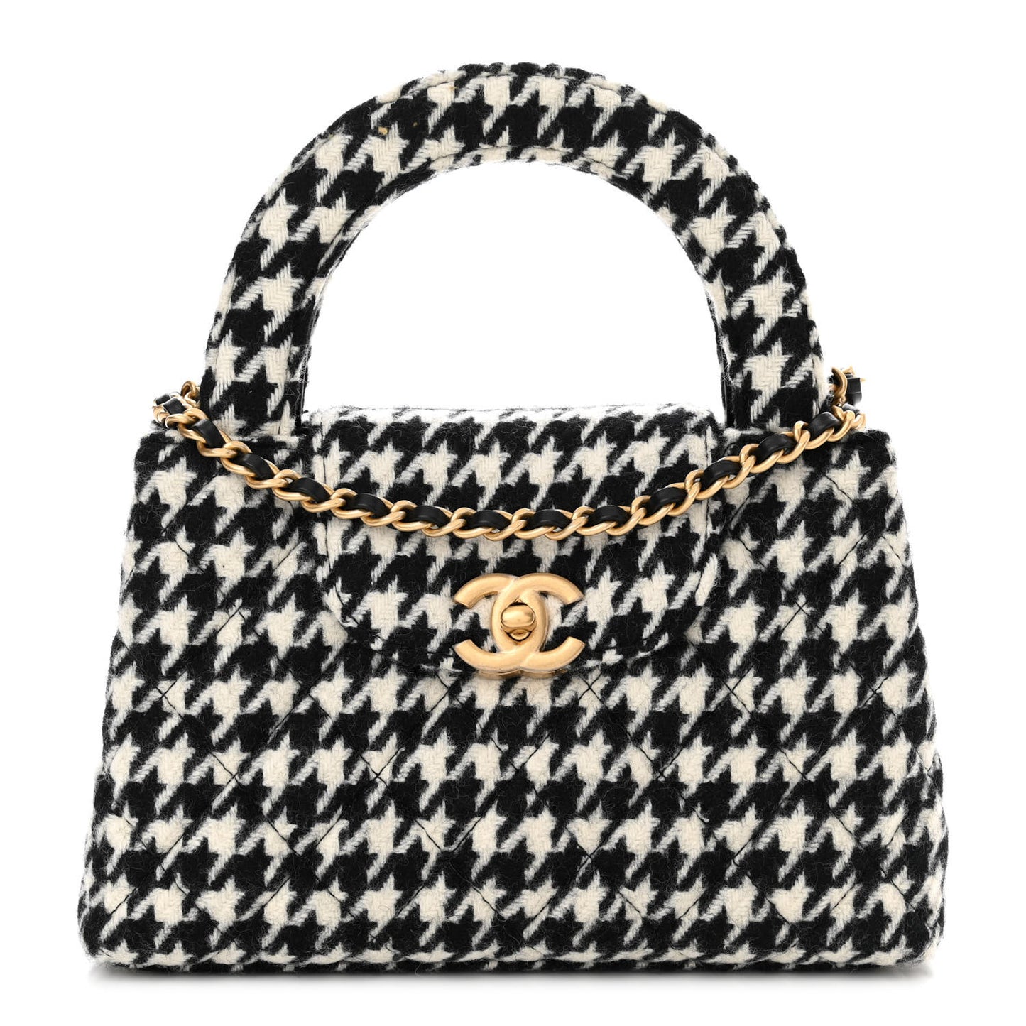 Tweed Houndstooth Quilted Nano Kelly Shopper Black White