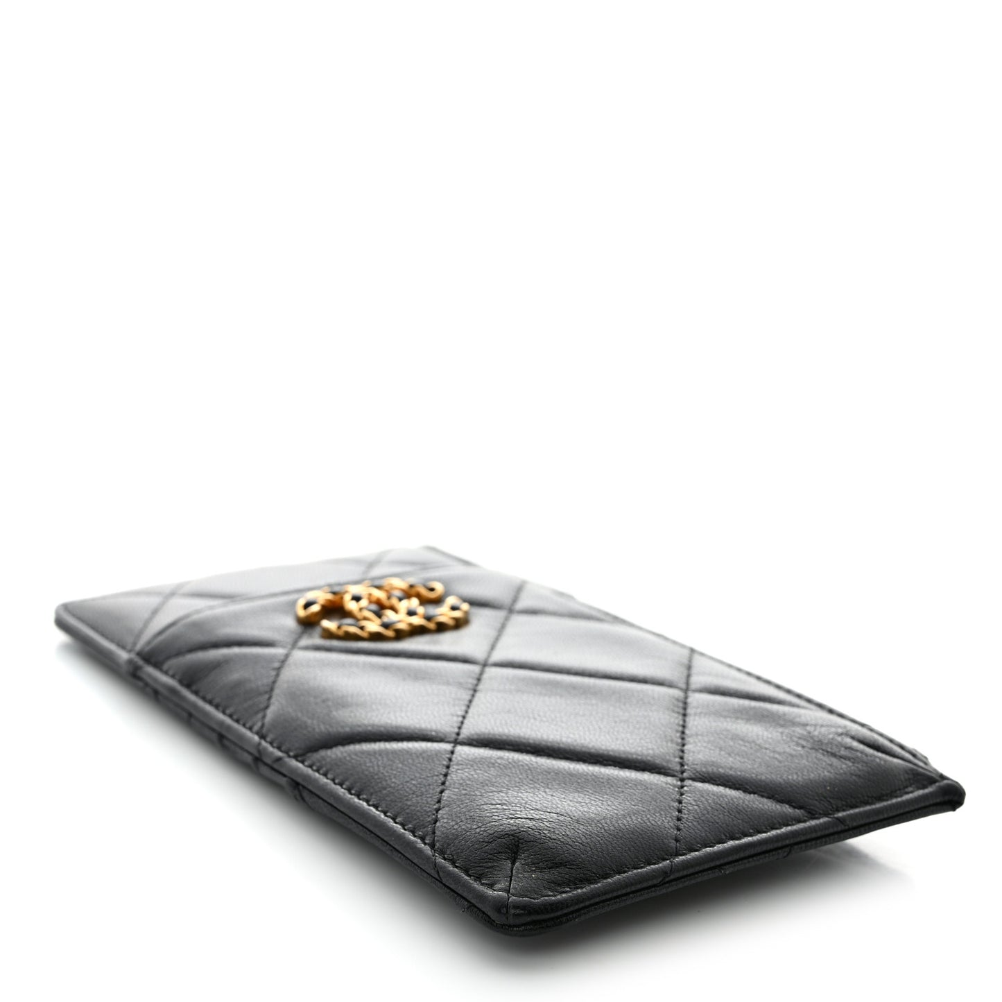 Goatskin Quilted Chanel 19 Flat Wallet Pouch Black