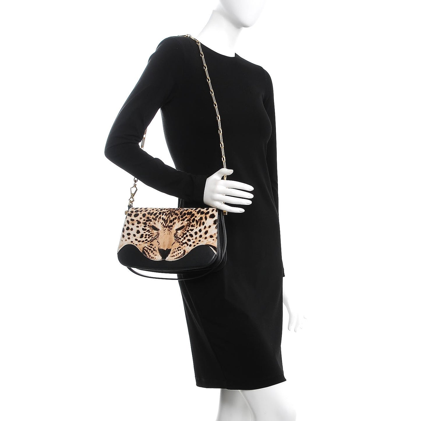 Calf Hair Leopard Print Shoulder Bag Black
