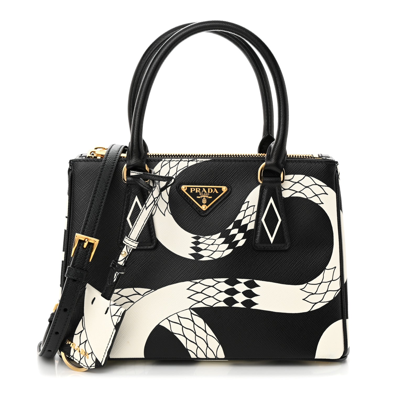 Prada Saffiano Sanke Print Mini Galleria Double Zip Tote Black