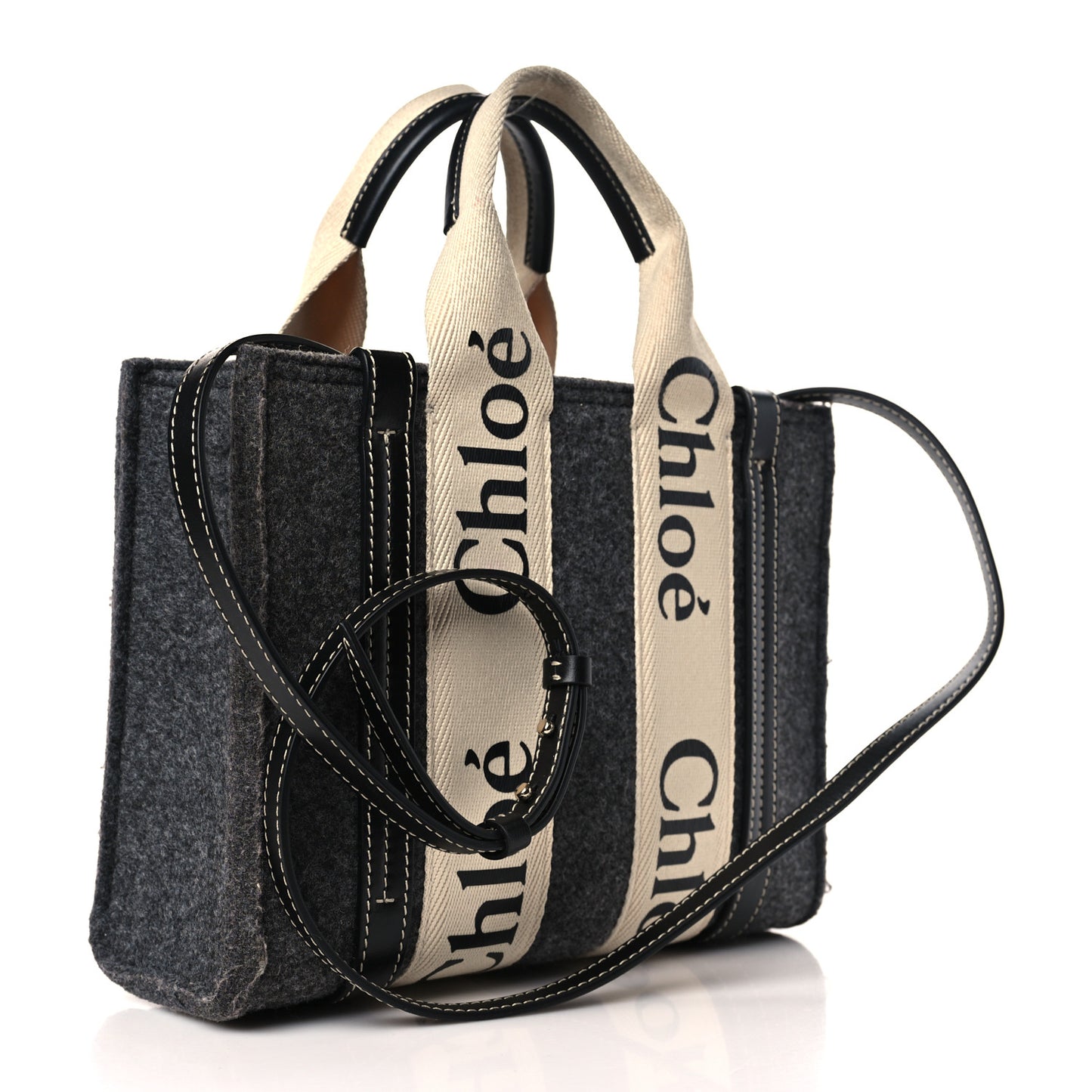 Felt Calfskin Small Woody Ribbon Tote With Strap Cashmere Grey