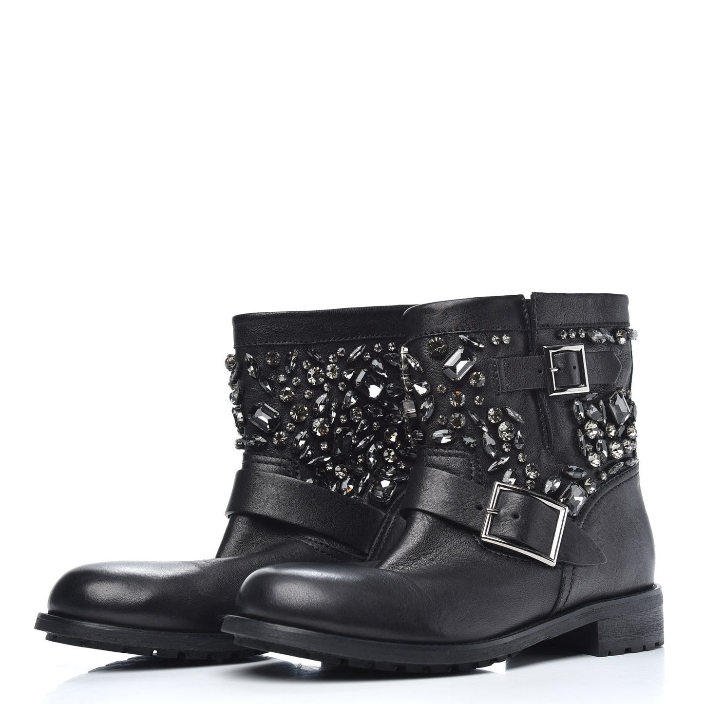 Calfskin Crystal Embellished Youth Biker Boots 39.5 Black