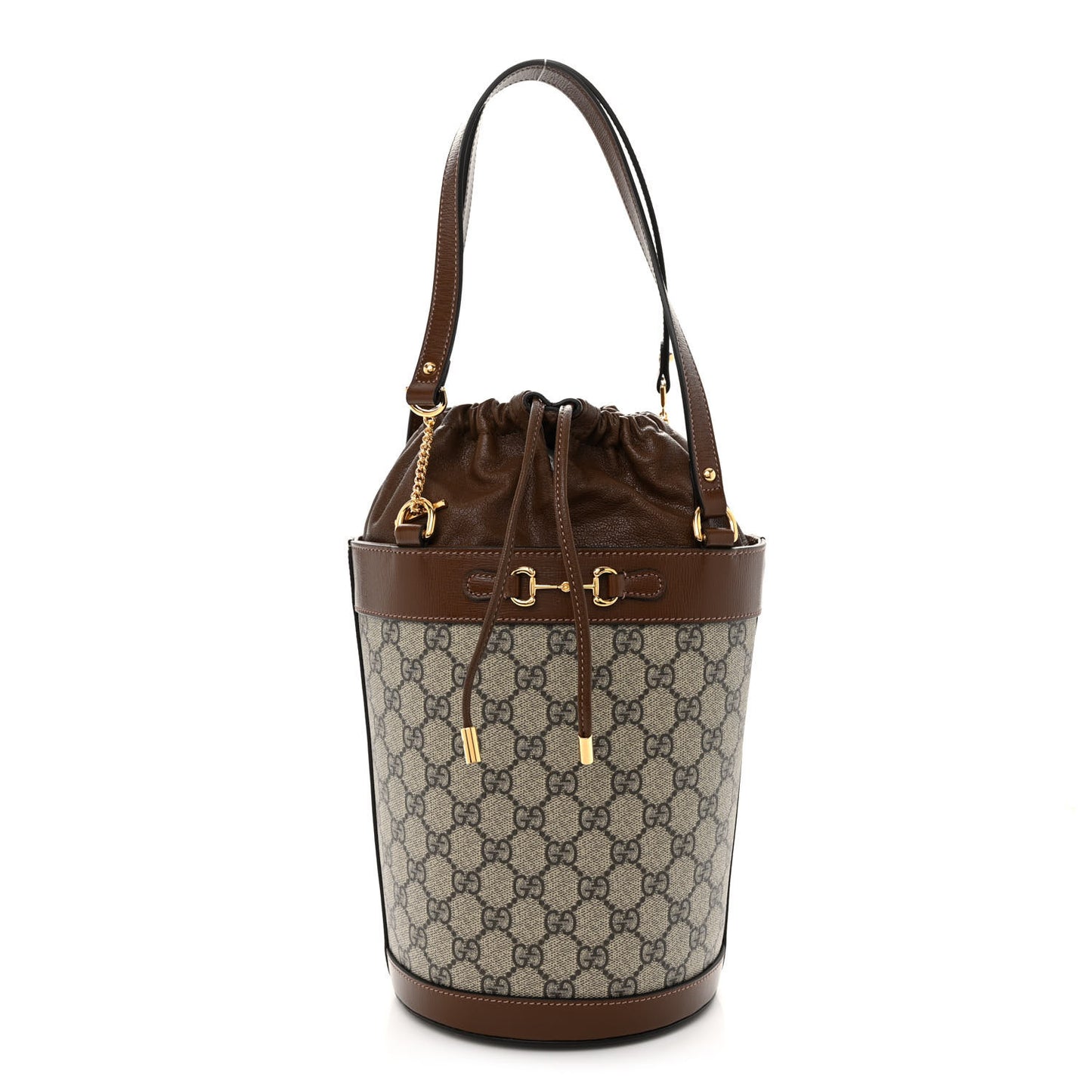 GG Supreme Monogram Azalea Sakai Calfskin Small Horsebit 1955 Drawstring Bucket Bag Beige Ebony Brown Sugar