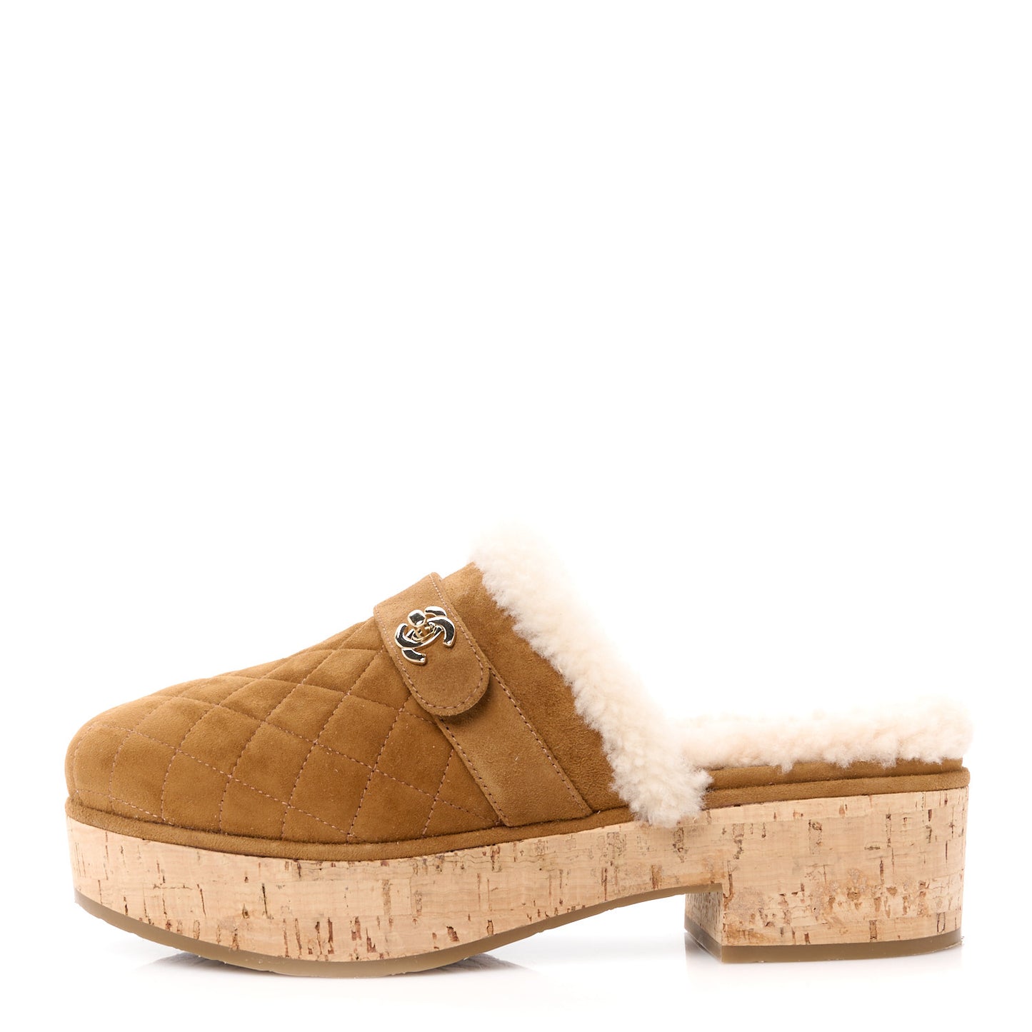 Suede Calfskin Shearling Turn Lock Clogs 39 Brown