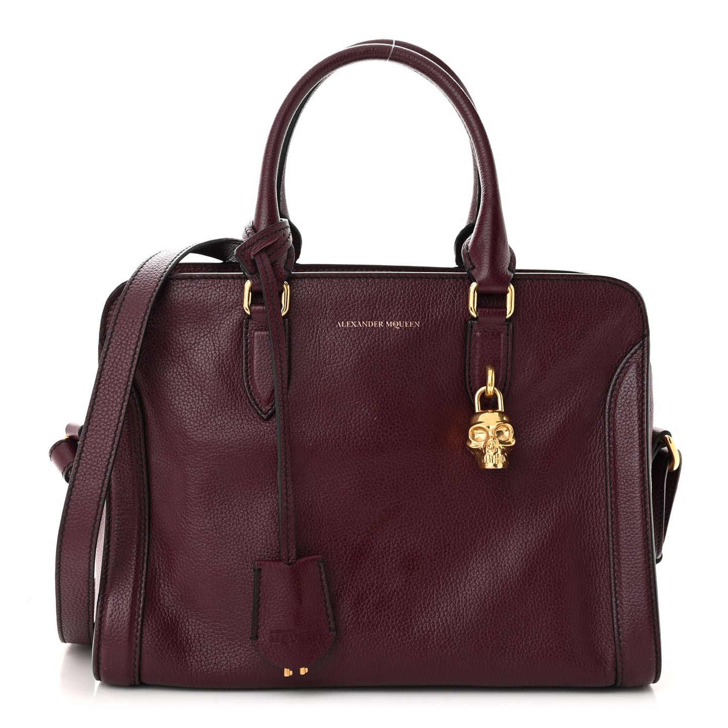 Pebbled Calfskin Small Skull Padlock Zip Around Tote Burgundy