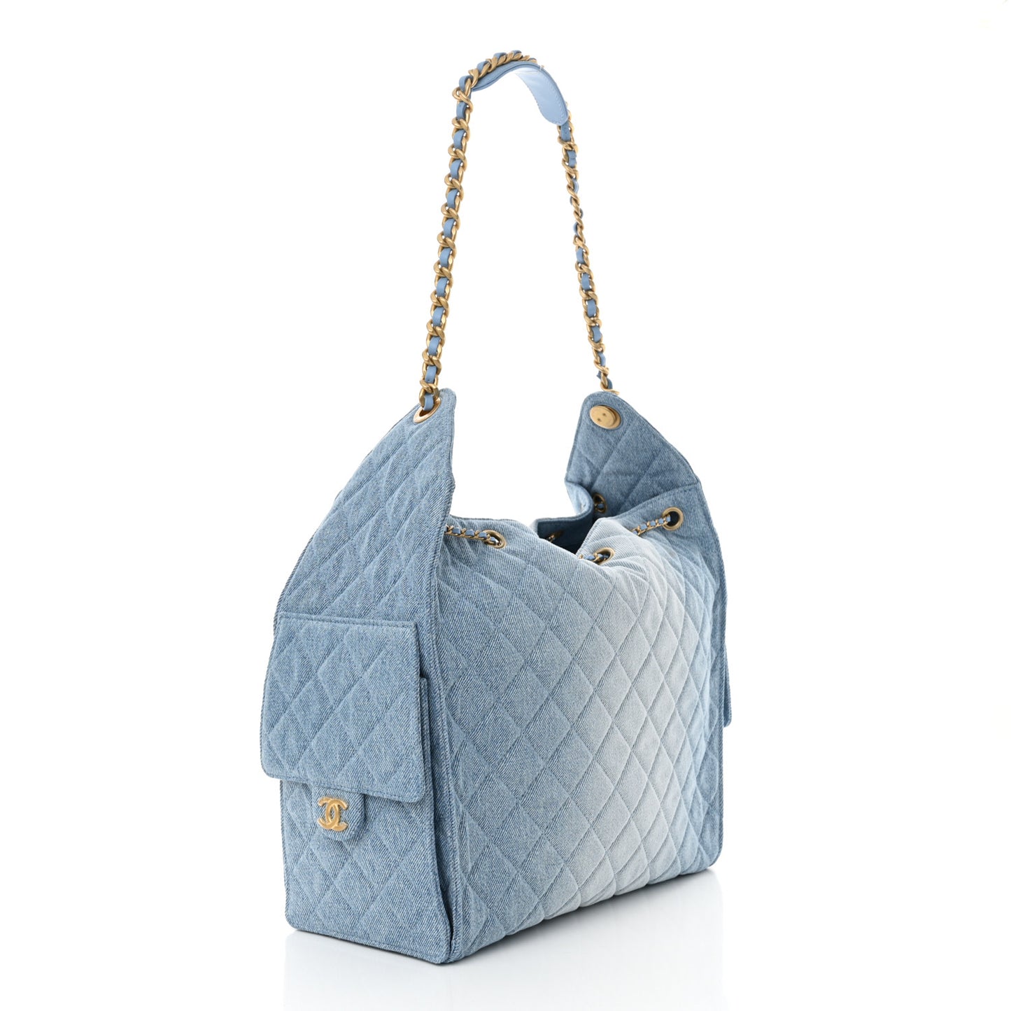 Washed Denim Quilted Medium Chanel 25 Handbag Blue