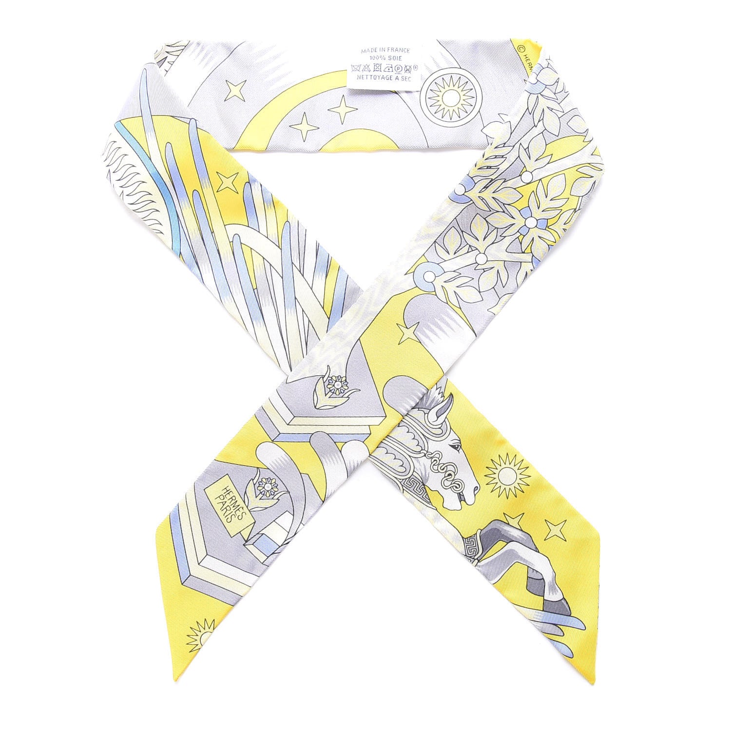 Hermes Silk La Source de Pegase Twilly Jaune Vif Gris Perle 1 of 3