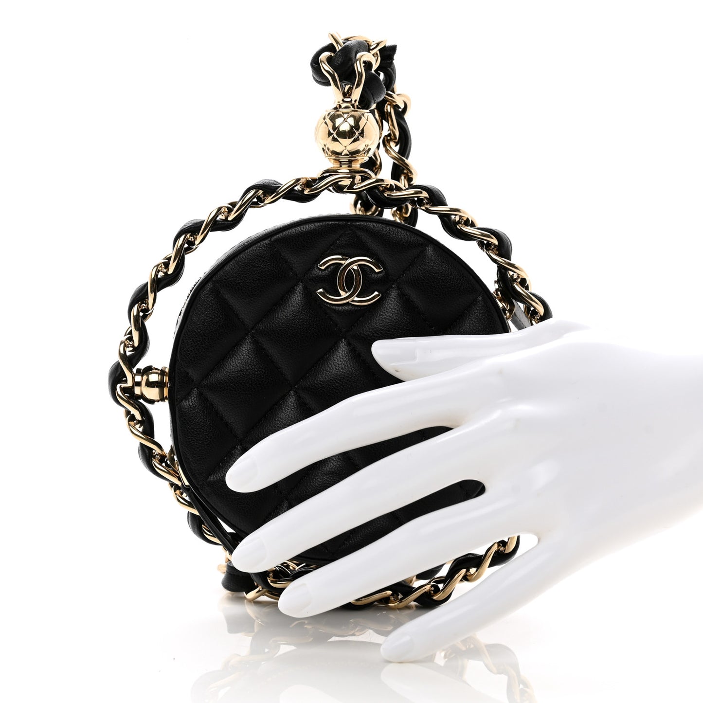 Lambskin Quilted Chain Round Mini Clutch Black