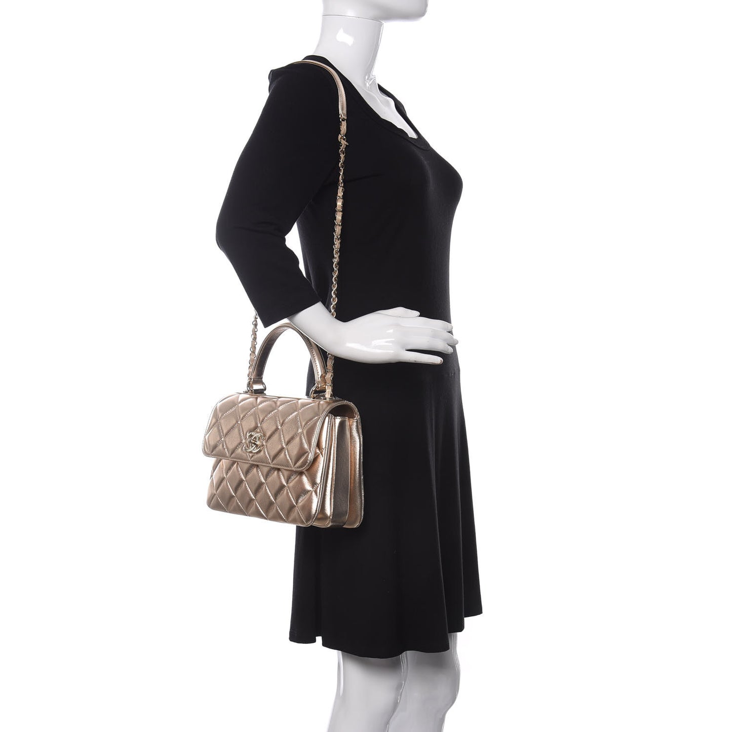 Metallic Lambskin Quilted Small Trendy CC Flap Dual Handle Bag Gold