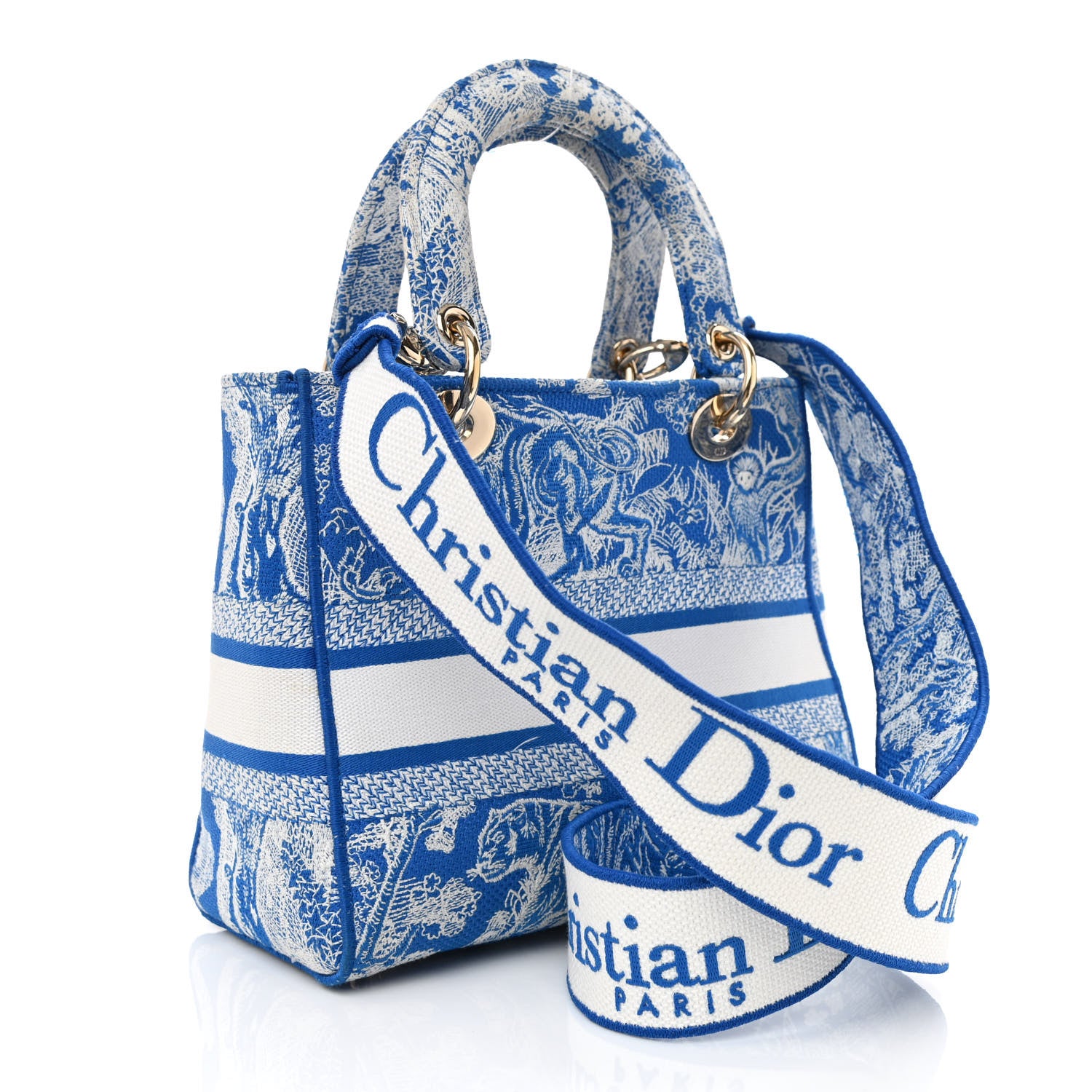 Christian Dior Canvas Toile De Jouy Reverse Embroidered Medium Lady D-Lite Fluorescent Blue 3 of 10