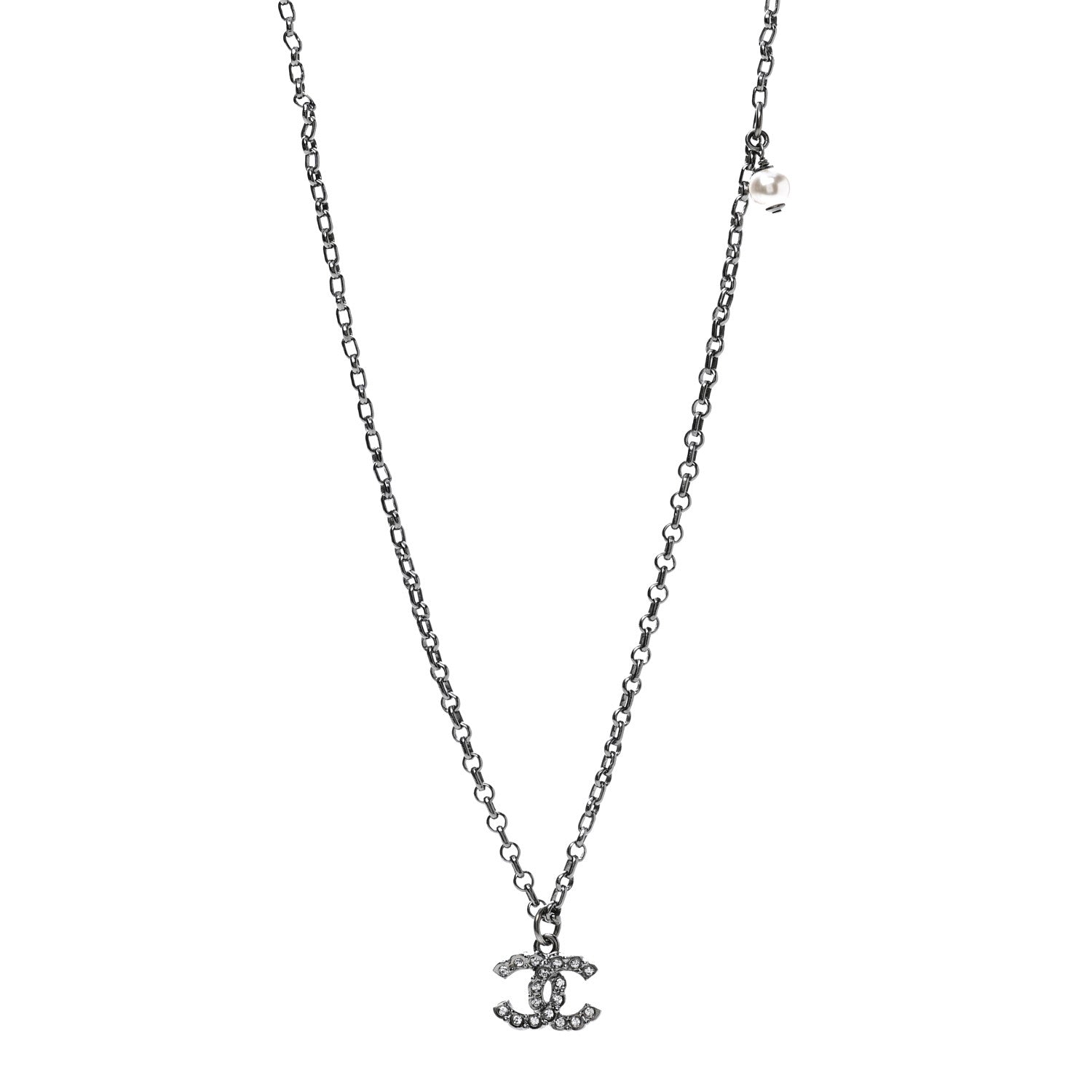 Chanel Pearl Crystal CC Pendant Necklace Silver 1 of 5