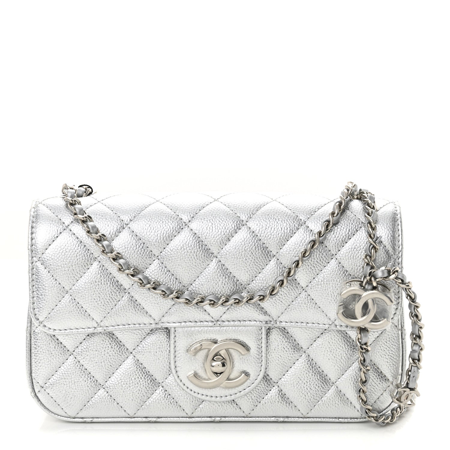 CHANEL シャネル ミニバッグ ポーチ チャコールグレー×ホワイト Chanel Metallic Caviar Quilted Mini Rectangular CC Slide Flap