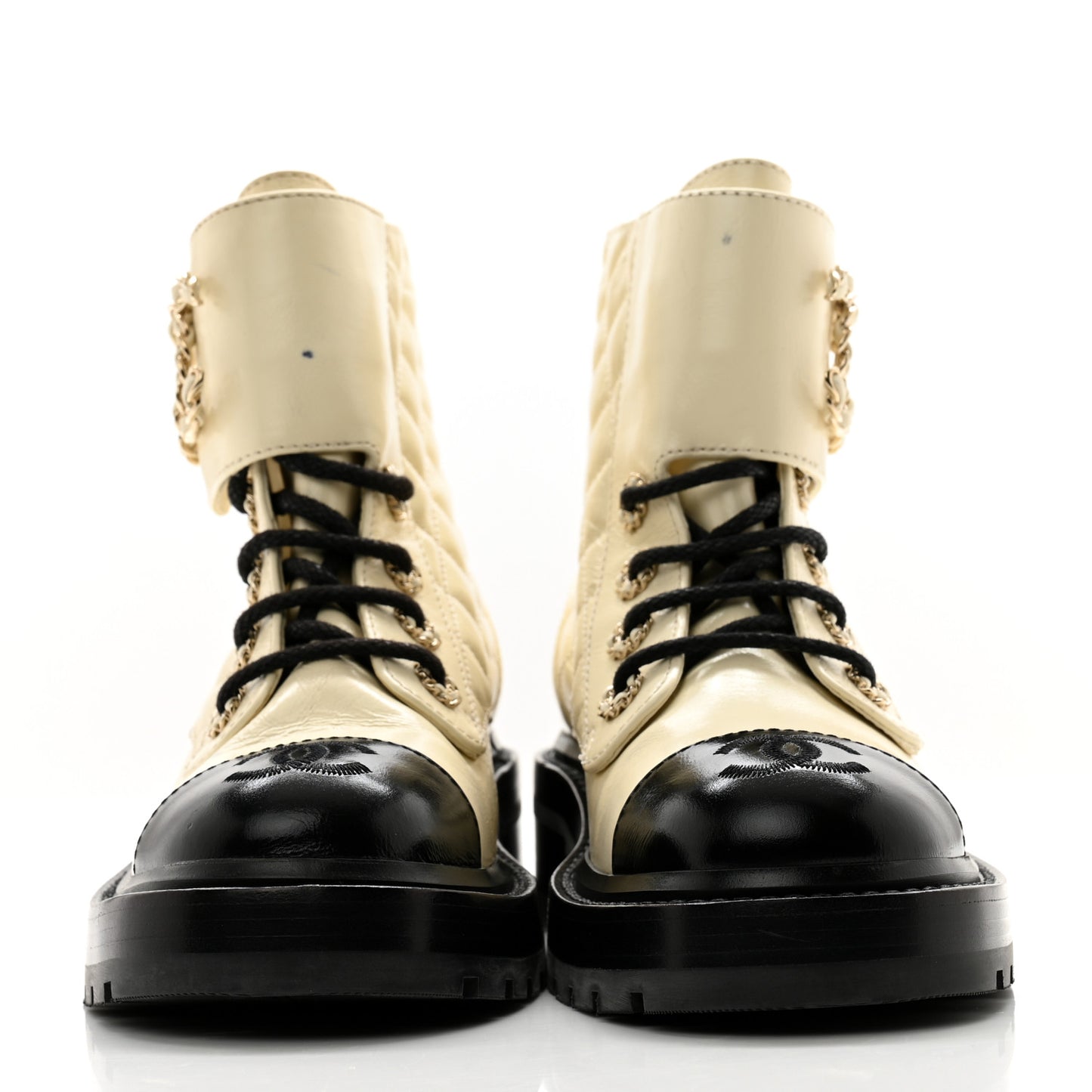 Shiny Calfskin Quilted Lace Up Combat Boots 35 Ivory Black