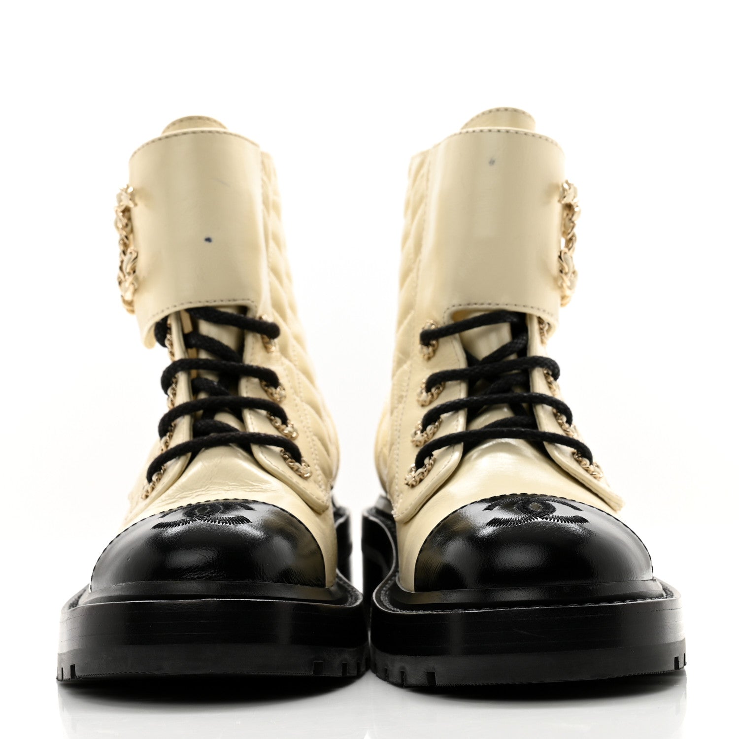 Chanel Shiny Calfskin Quilted Lace Up Combat Boots 35 Ivory Black 2 of 12