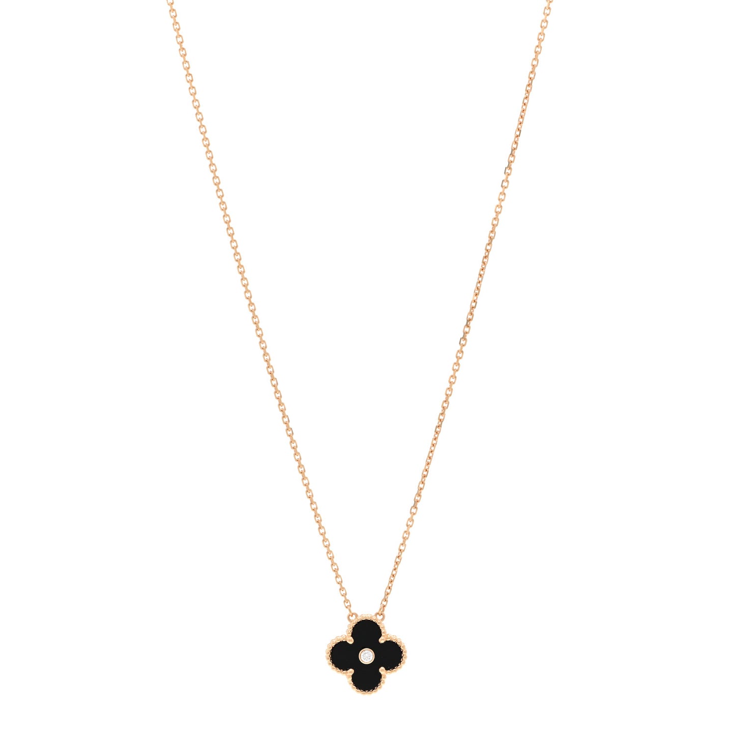 18K Rose Gold Diamond Black Onyx Vintage Alhambra Pendant Necklace