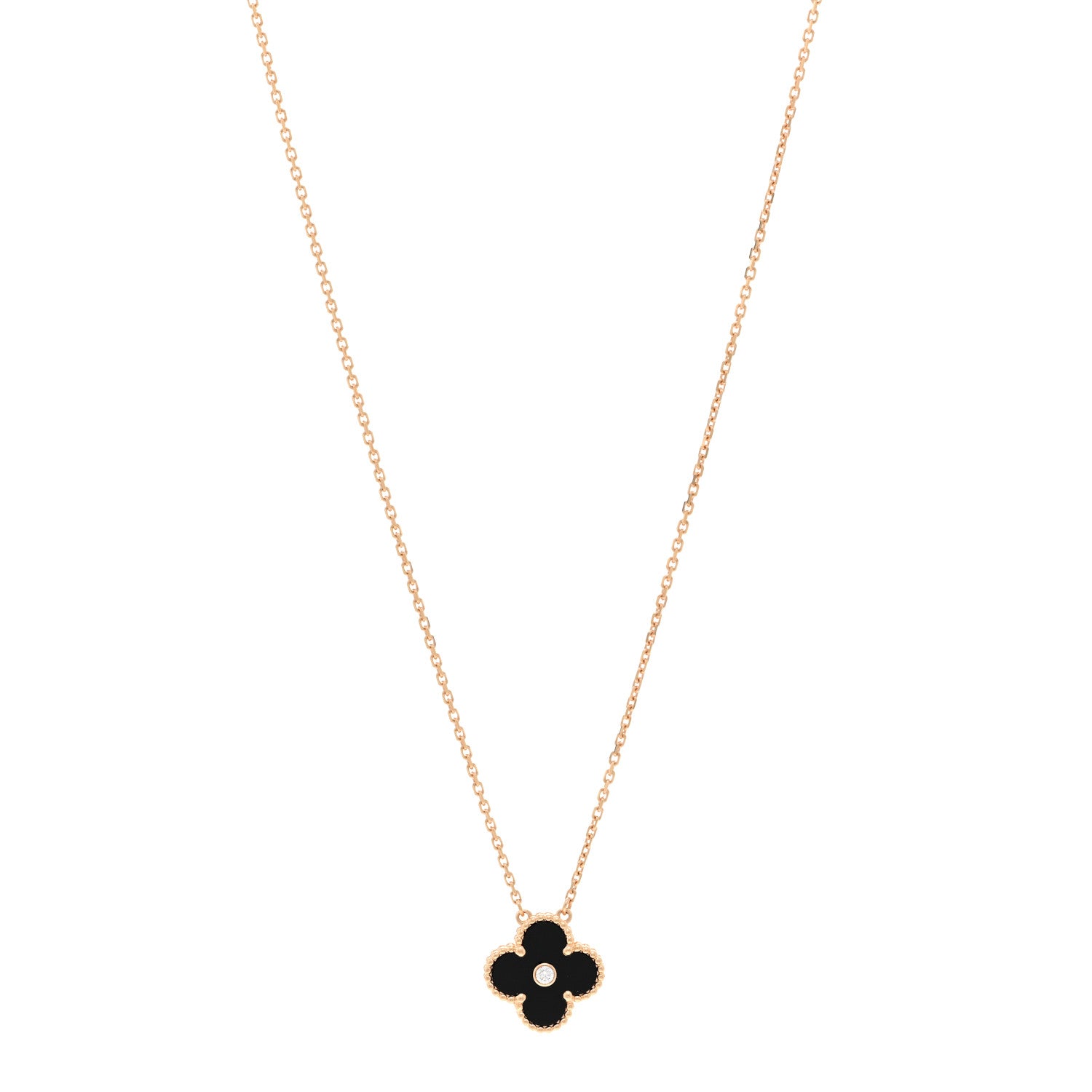 Van Cleef & Arpels 18K Rose Gold Diamond Black Onyx Vintage Alhambra Pendant Necklace 1 of 5