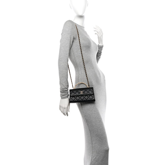 Lambskin Pearl Crystal Quilted Pearly Girl Handle Flap Phone Holder With Chain Black