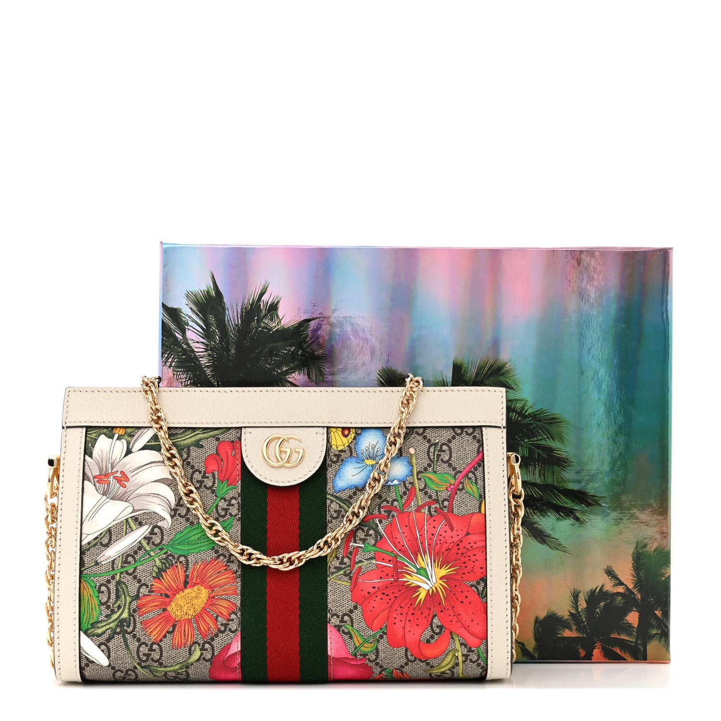 GG Supreme Monogram Flora Web Small Ophidia Chain Shoulder Bag White