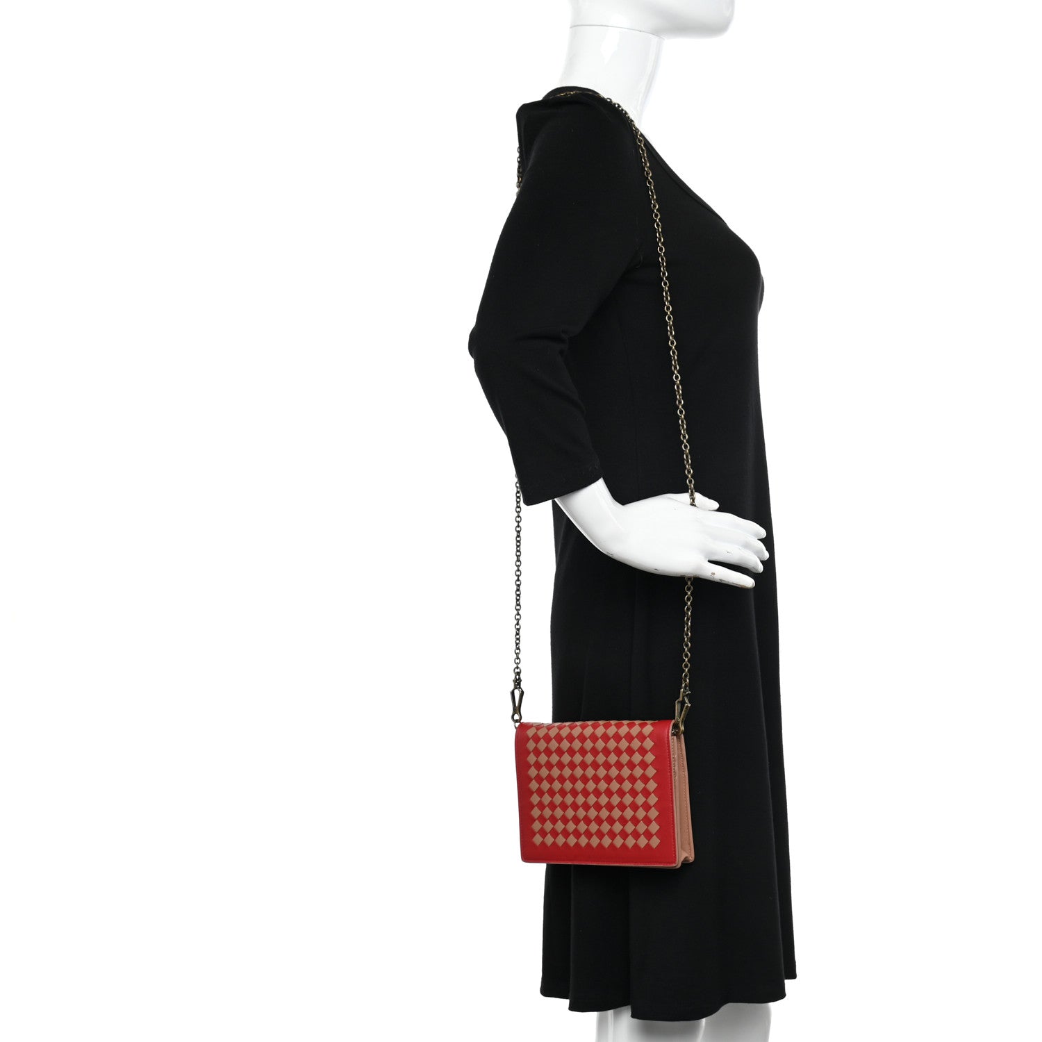 Bottega Veneta Nappa Intrecciato Checker Chain Wallet Beige Red 2 of 9