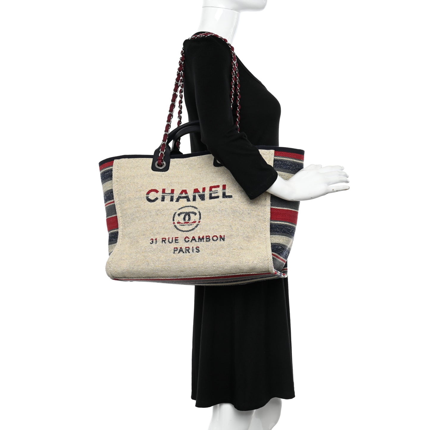 Striped Canvas Medium Deauville Tote Beige
