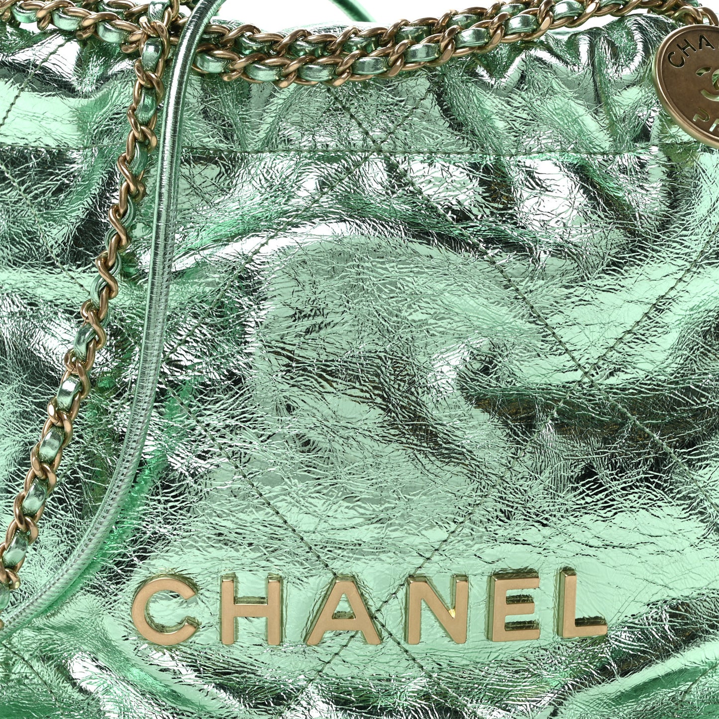 Metallic Calfskin Quilted Mini Chanel 22 Green