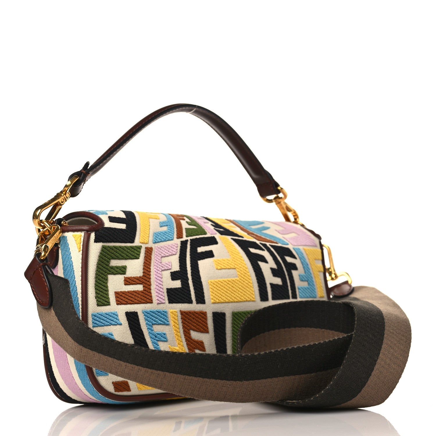 Fendi X SARA COLEMAN Canvas Vitello King Seta FF Fish Eye Embroidered Baguette Grezzo Multicolor Ghianda 3 of 10