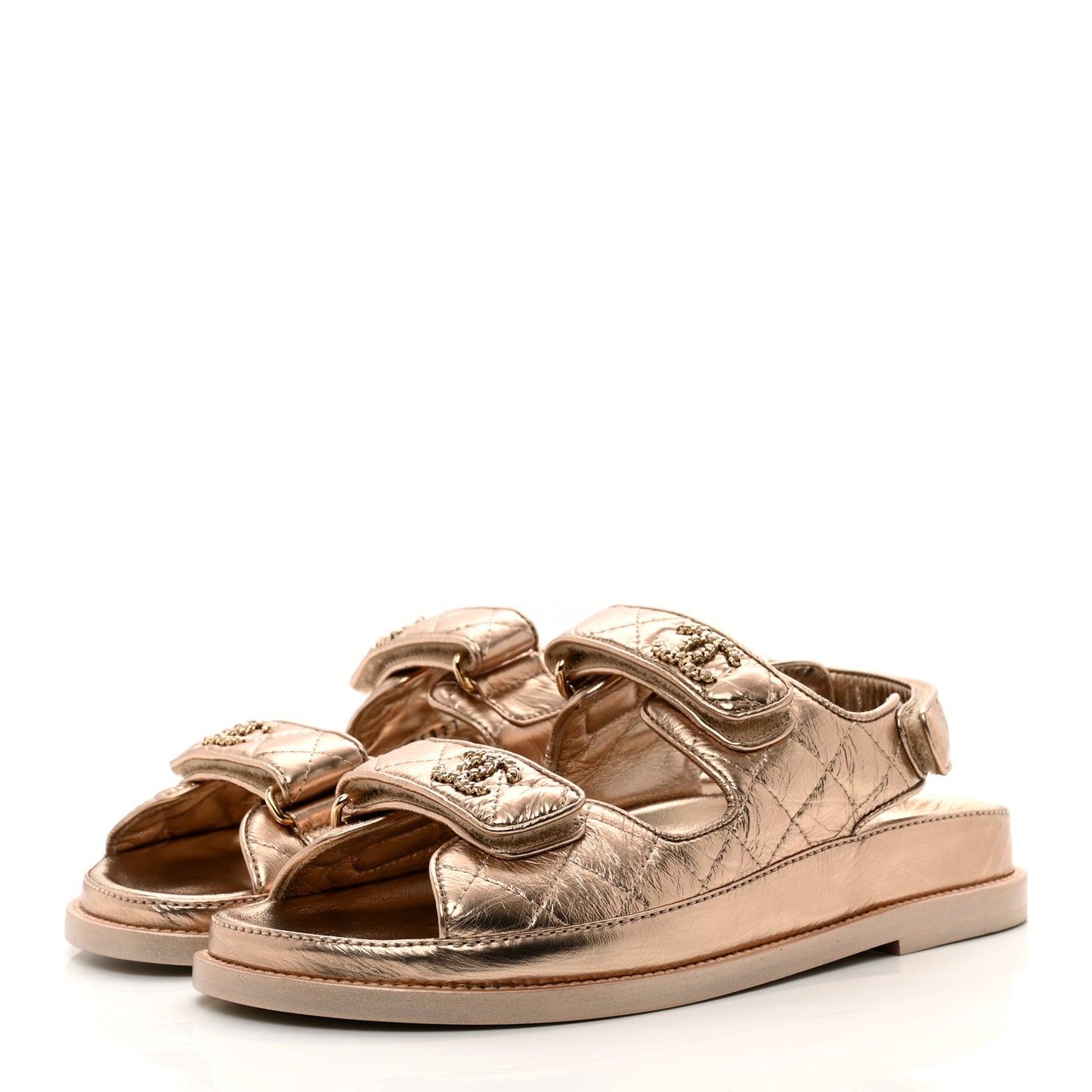 Iridescent Lambskin Quilted Velcro Dad Sandals 37 Light Bronze