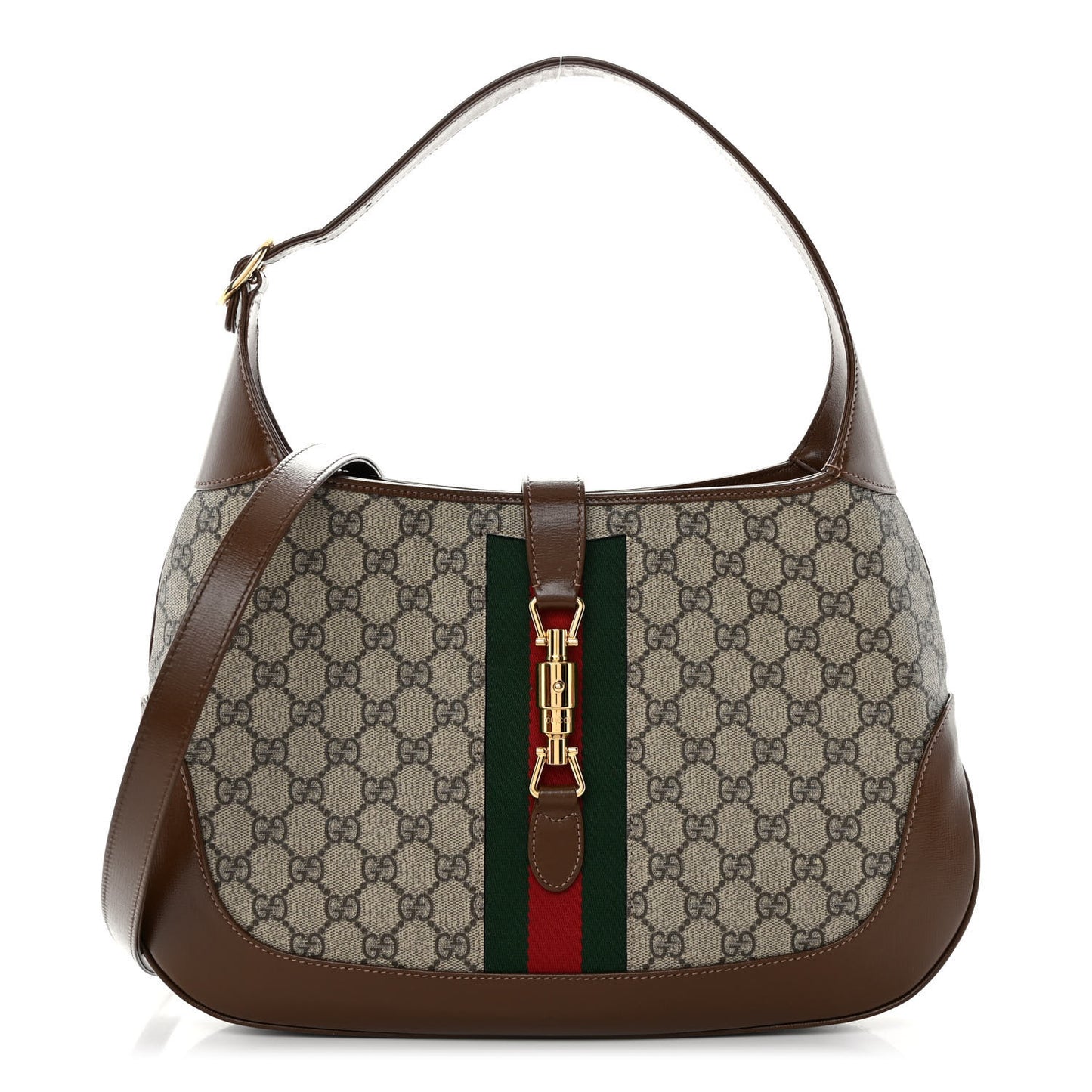 GG Supreme Monogram Azalea Calfskin Web Medium Jackie 1961 Hobo Beige Ebony Brown Sugar