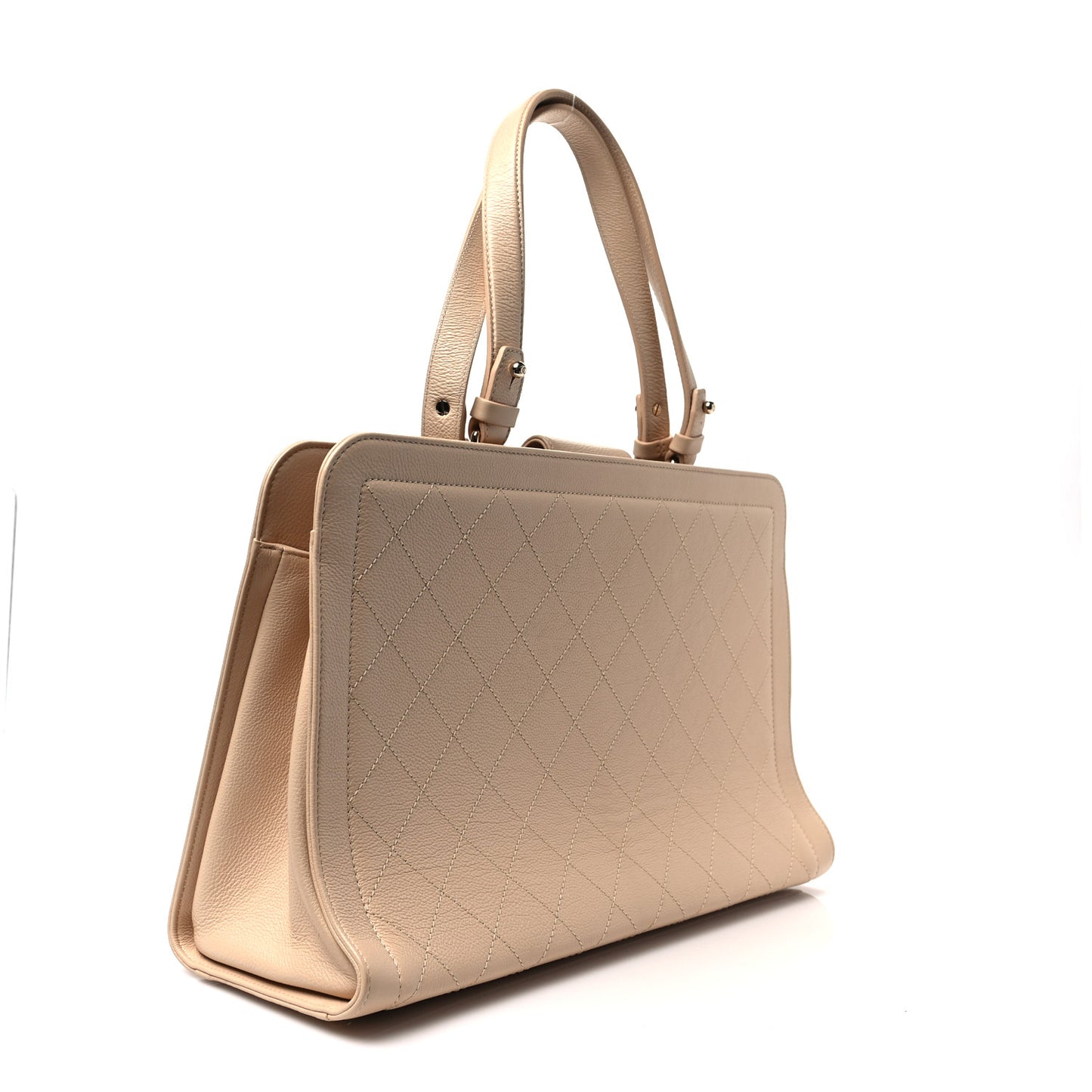 Grained Calfskin Stitched Large Label Click Shopper Tote Light Beige