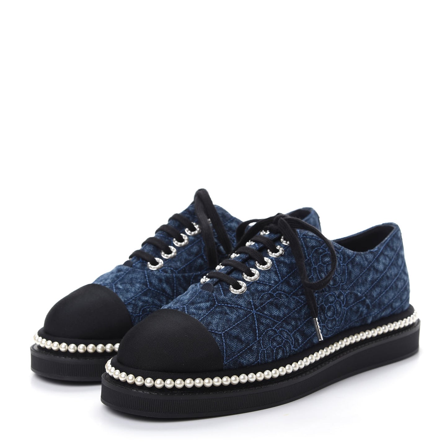 Denim Grosgrain Camellia Pearl Lace Up Sneakers 38.5 Blue Black