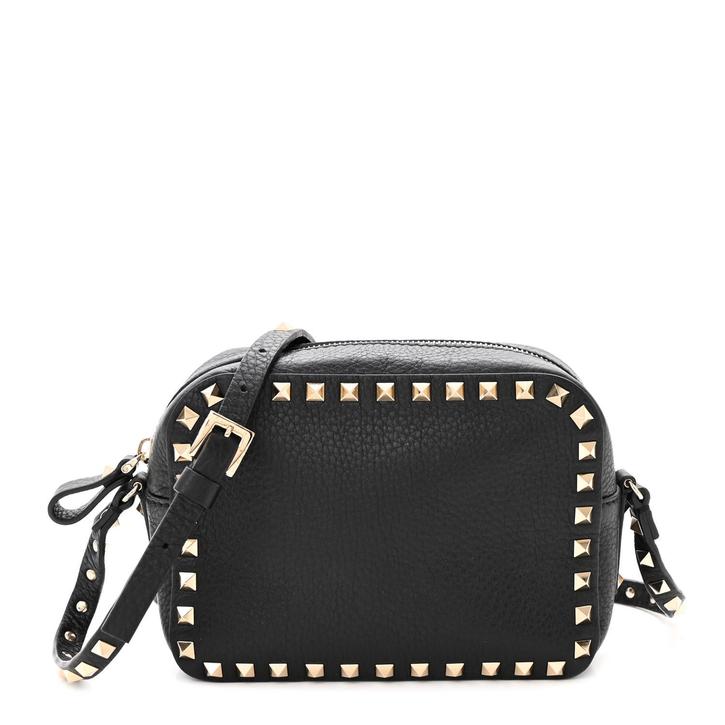 Pebbled Calfskin Rockstud Camera Crossbody Bag Black