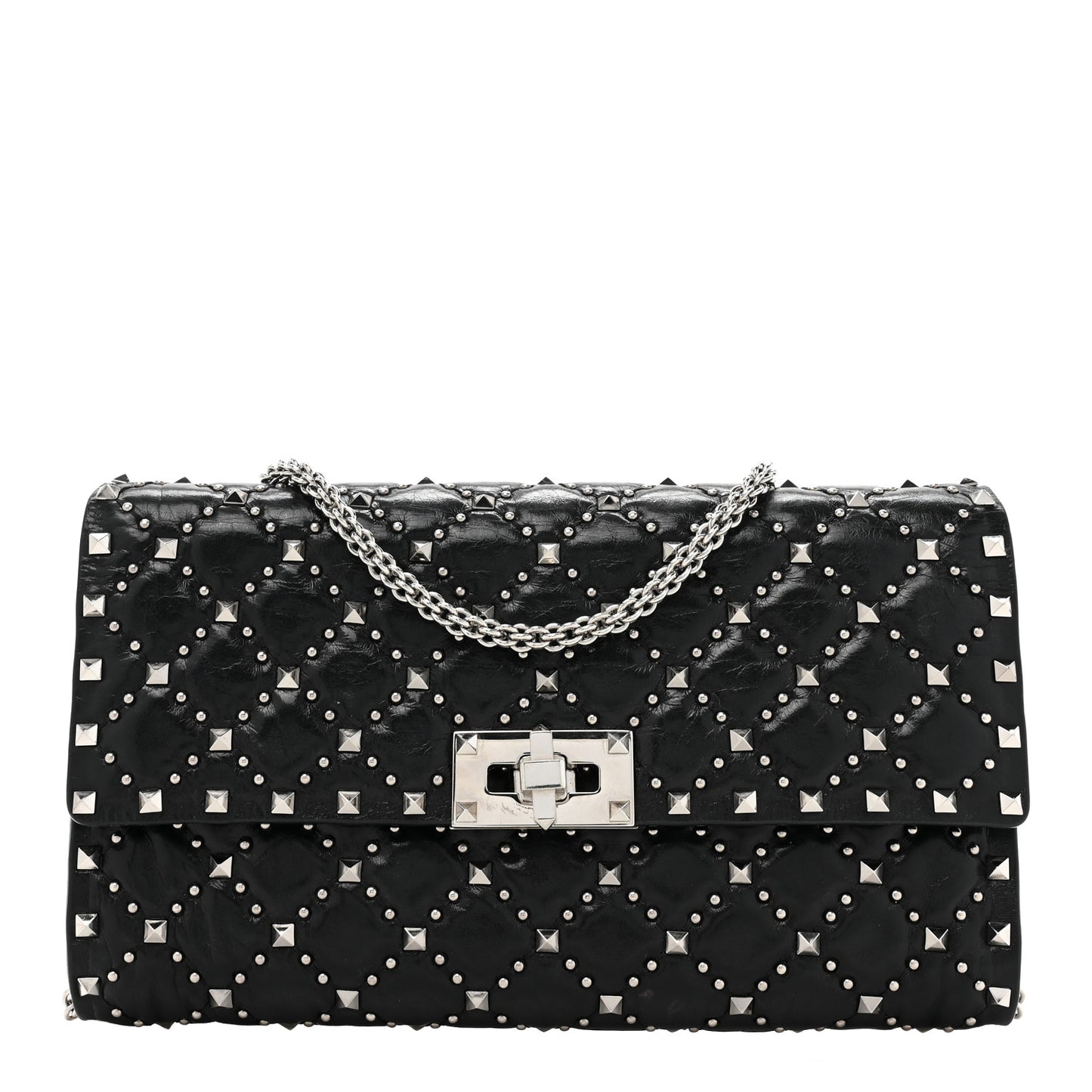 Craquele Nappa Beaded Rockstud Spike Wallet on Chain Black