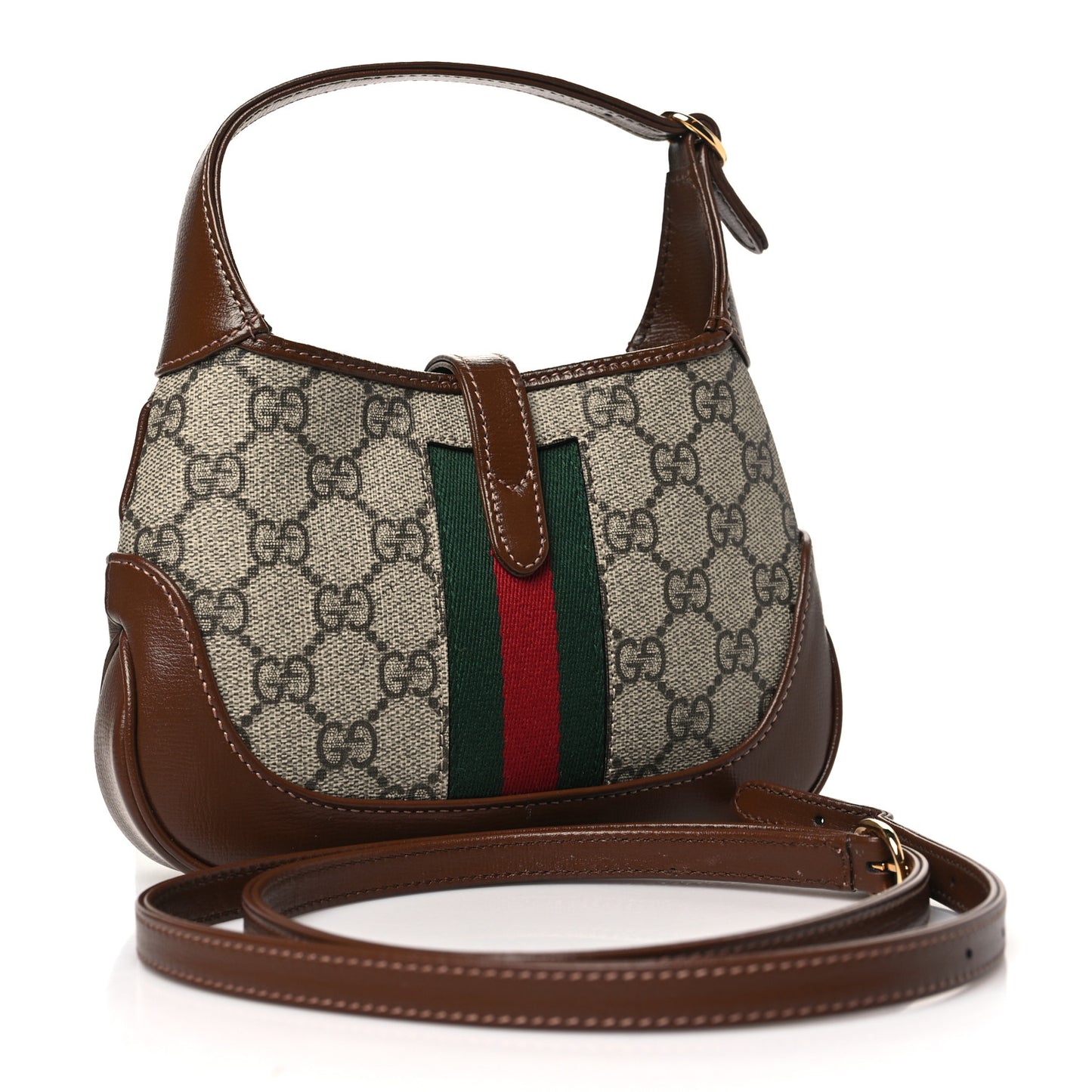 GG Supreme Monogram Azalea Calfskin Web Mini Jackie 1961 Hobo Beige Ebony Brown Sugar