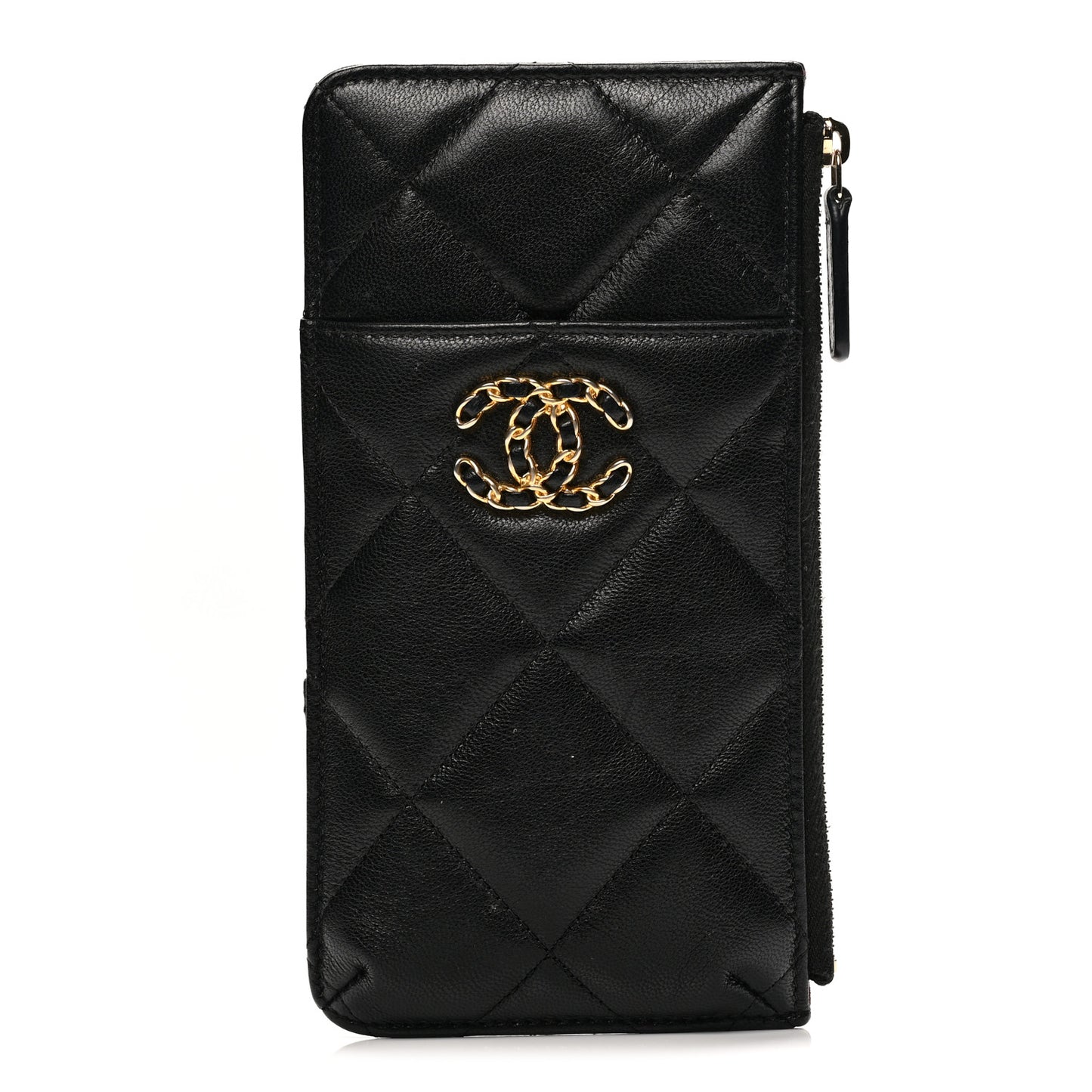 Shiny Goatskin Quilted Chanel 19 Phone and Card Holder Black