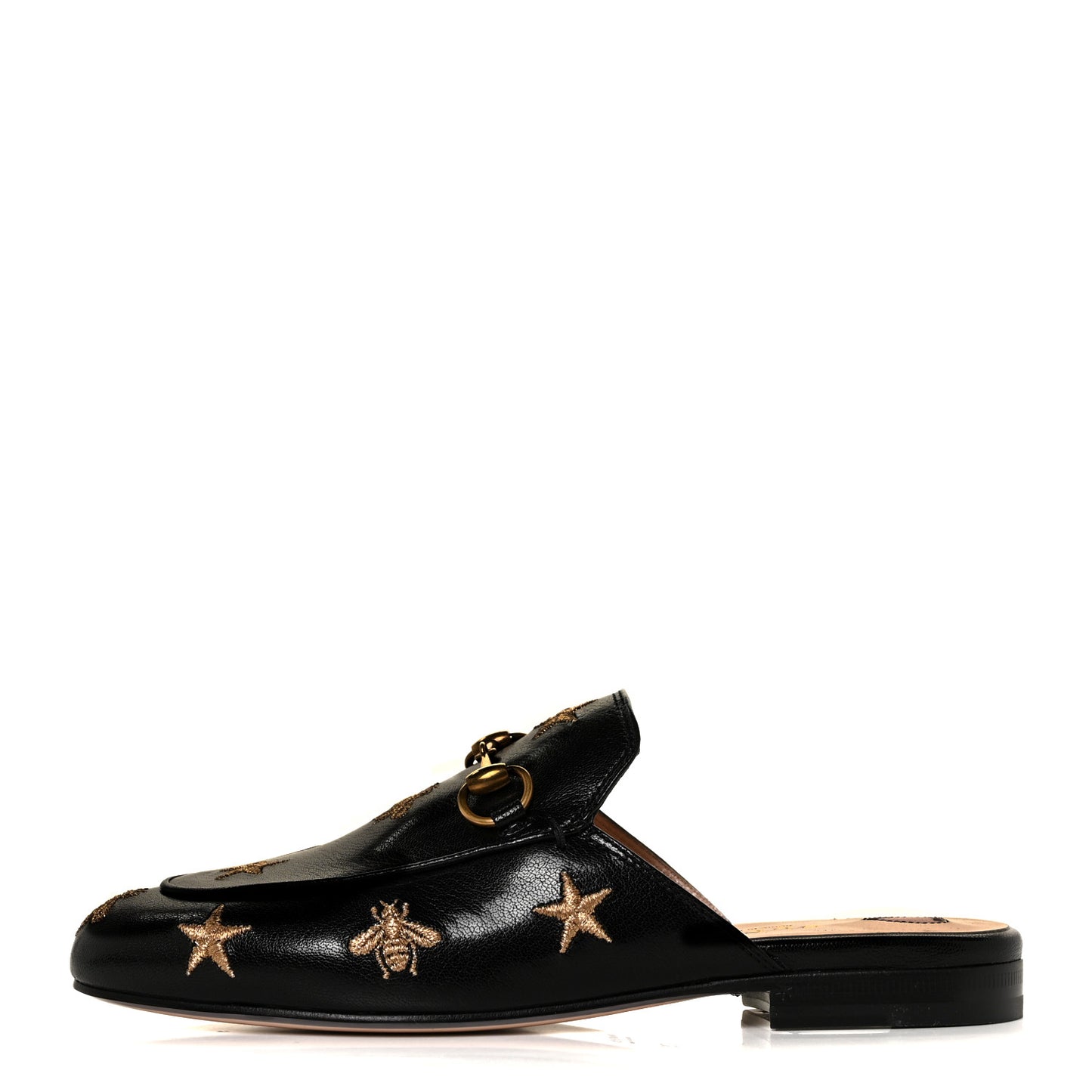 Goatskin Bee Star Embroidered Womens Princetown Slippers 35 Black