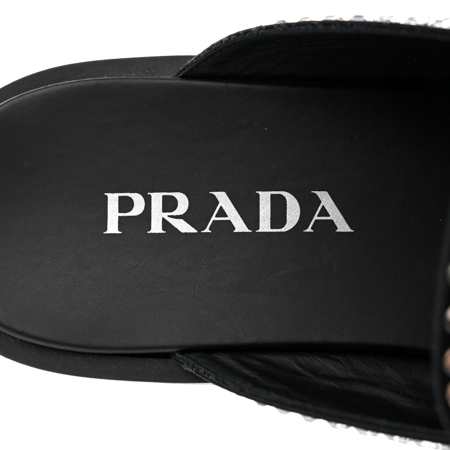 Satin Crystal Metal Triangle Logo 40mm Loafer Mules 38.5 Cristal