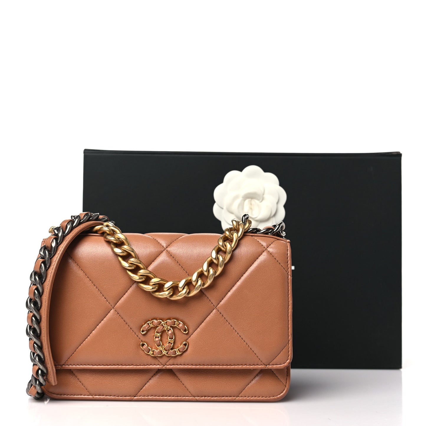 Lambskin Quilted Chanel 19 Wallet On Chain WOC Brown