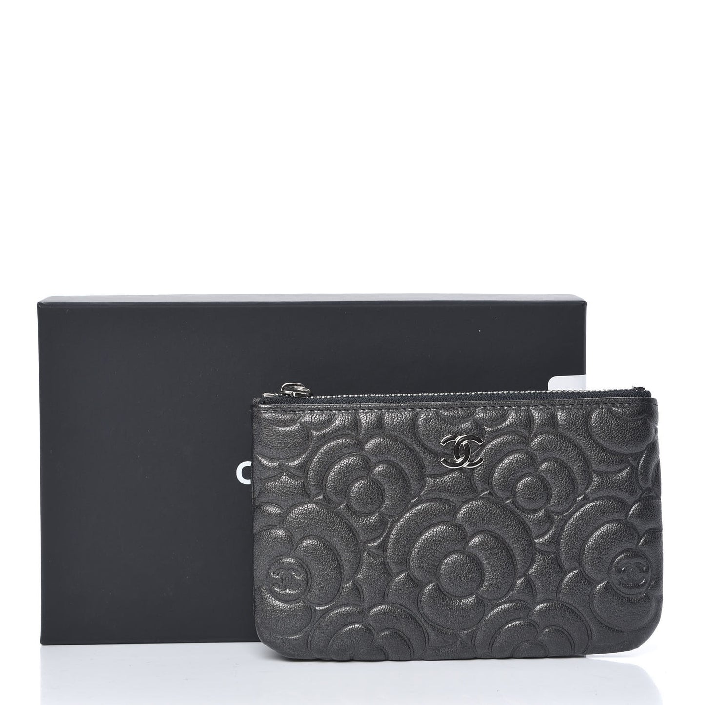 Goatskin Camellia Embossed Cosmetic Pouch Anthracite