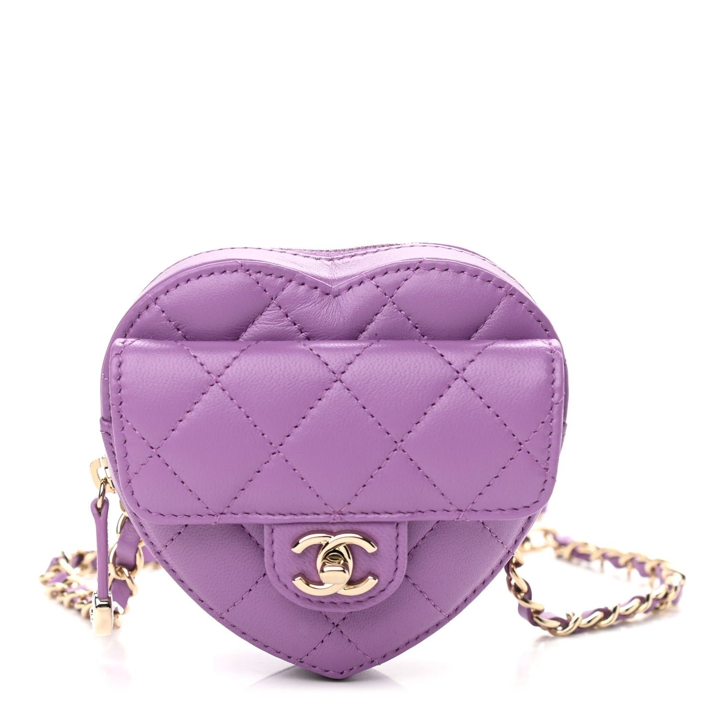 Lambskin Quilted CC In Love Heart Waist Belt Bag With Chain Purple