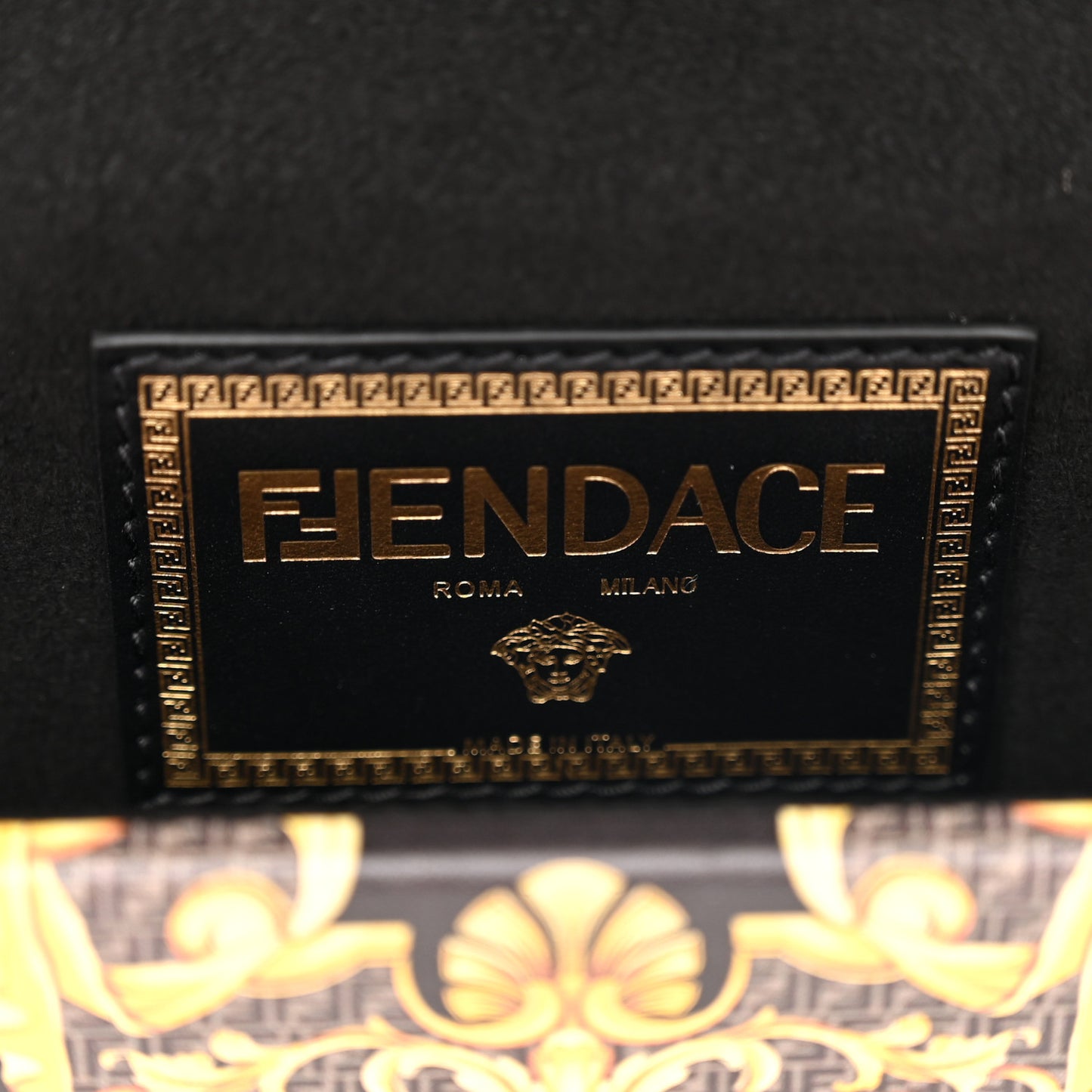 X VERSACE Vitello Cover Fendace Mini FF Baroque Brooch Studded Mini Baguette Trunk Black Gold