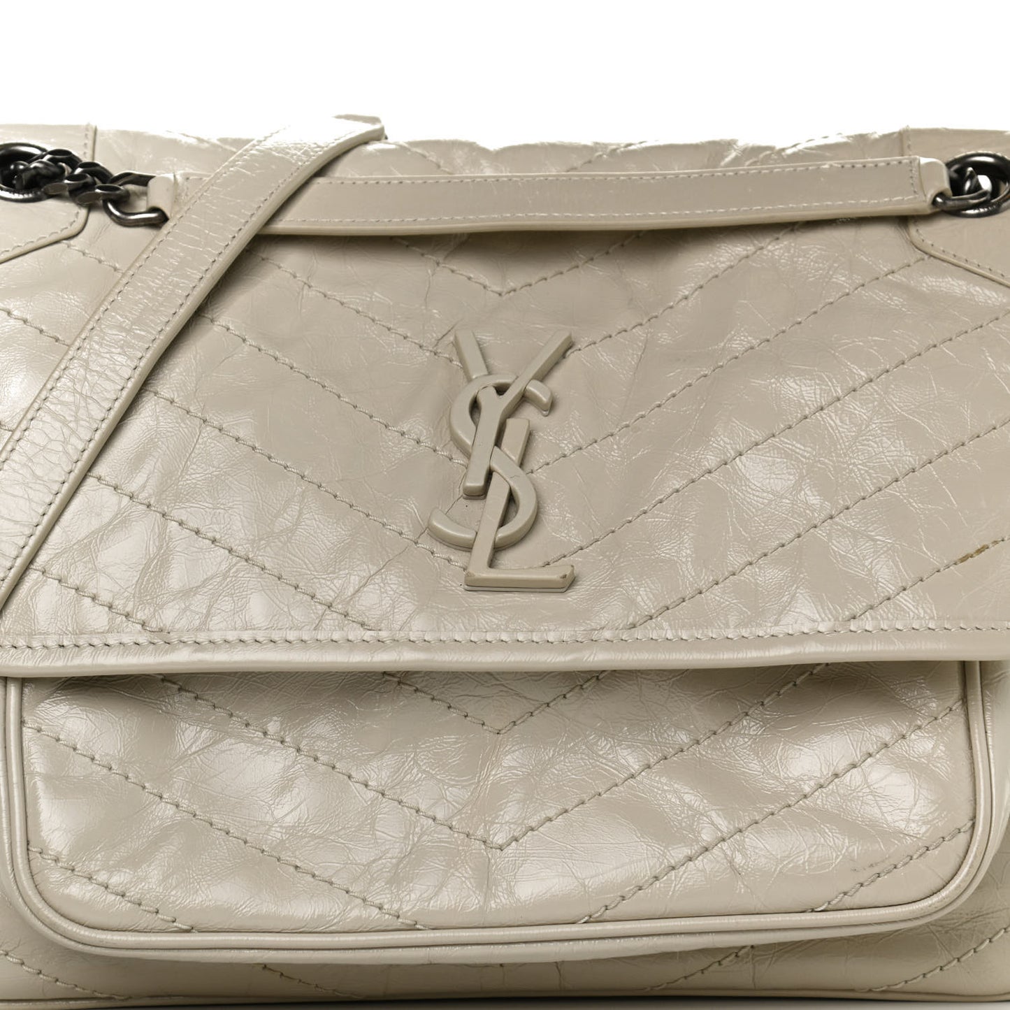 Crinkled Calfskin Matelasse Monogram Medium Niki Chain Satchel Ivory