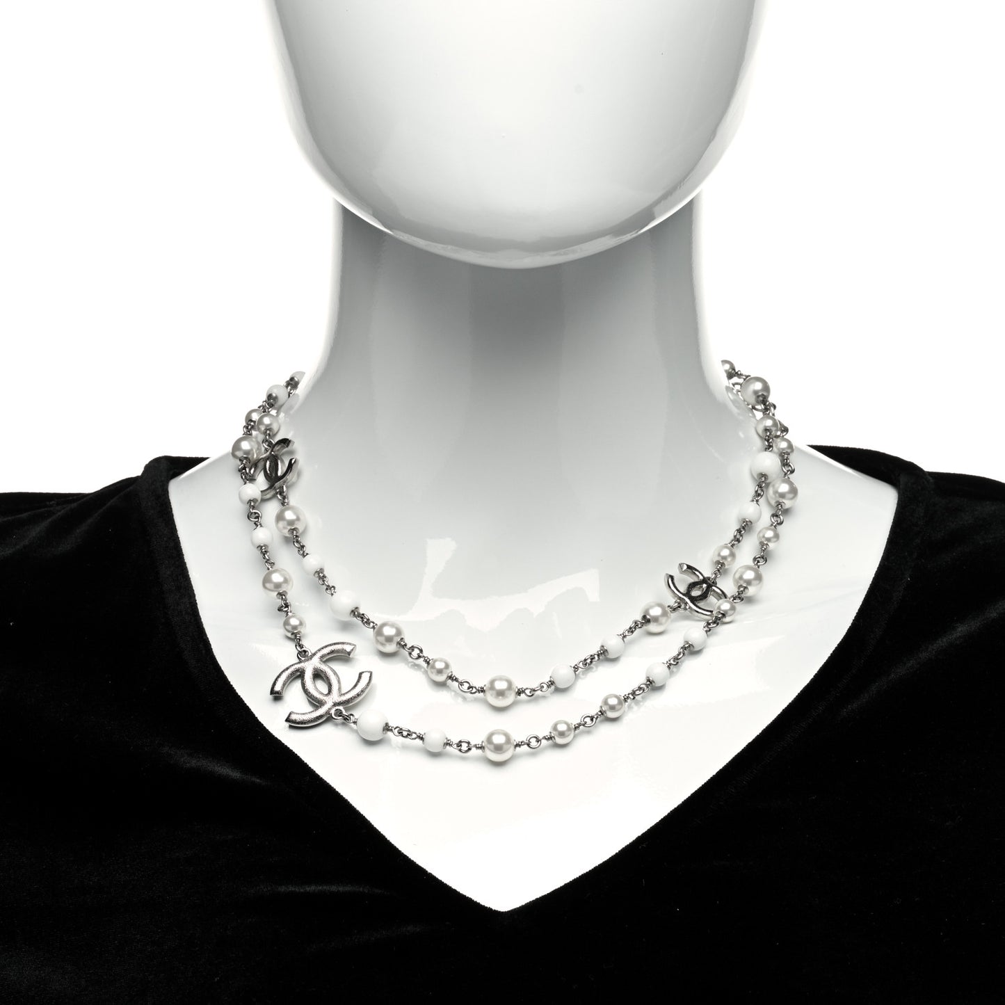 Pearl Beaded Enamel CC Long Necklace White