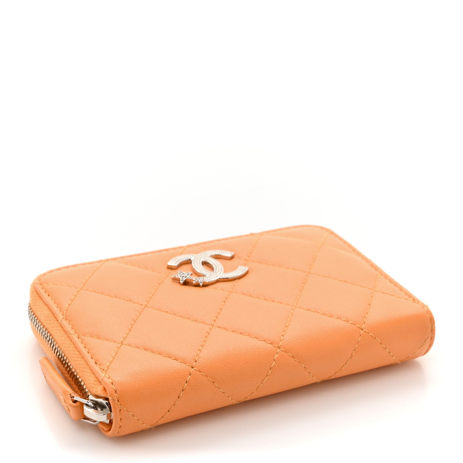 Chanel Lambskin Crystal Star Quilted Studded CC Zip Around Card Holder Wallet Orange 4 of 7